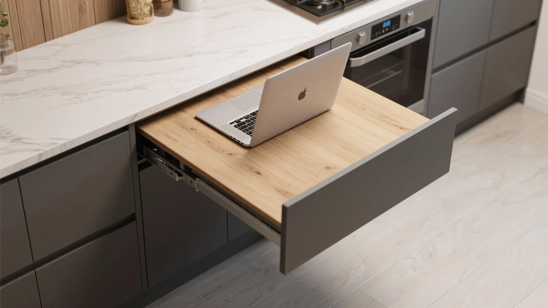 Modern grey kitchen cabinet with an extended wooden table surface holding an open silver laptop