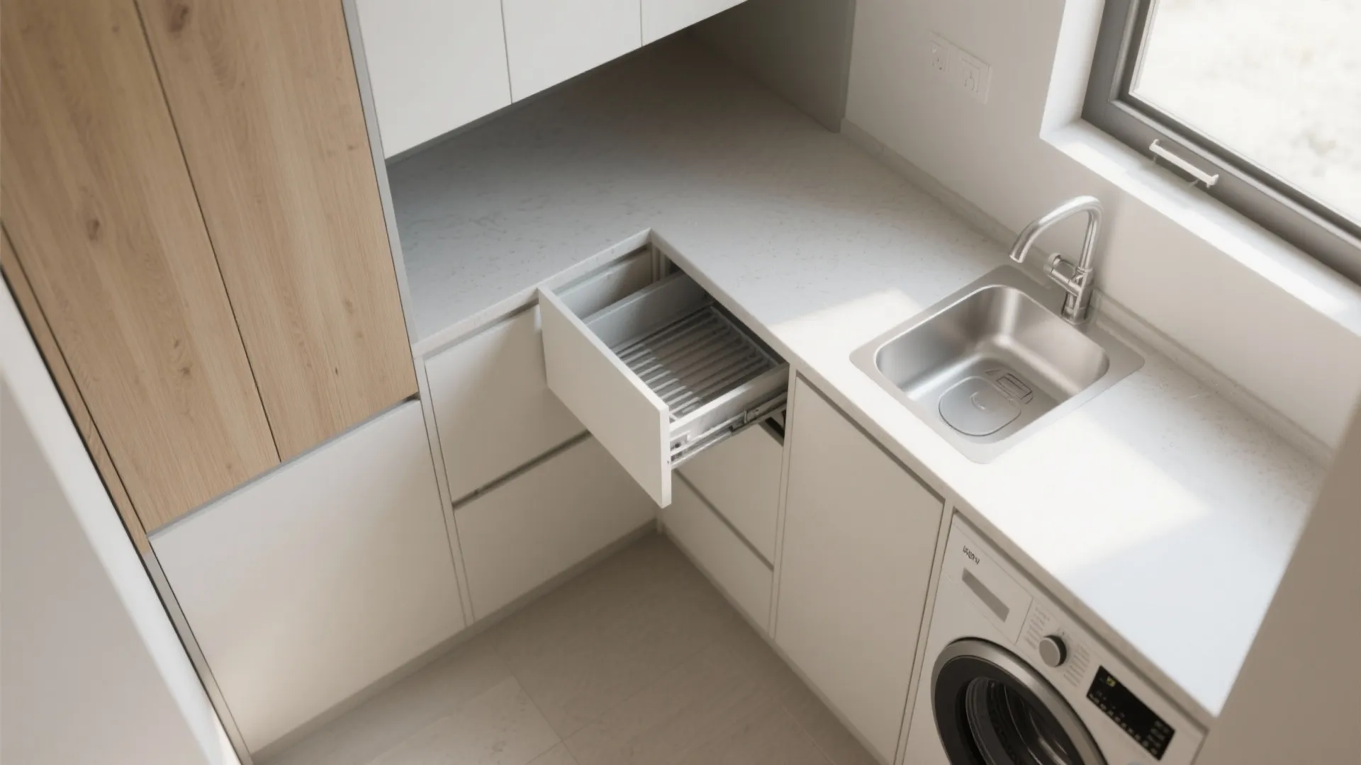 Top view of laundry room layout with white cabinets metal sink and pull out storage drawer