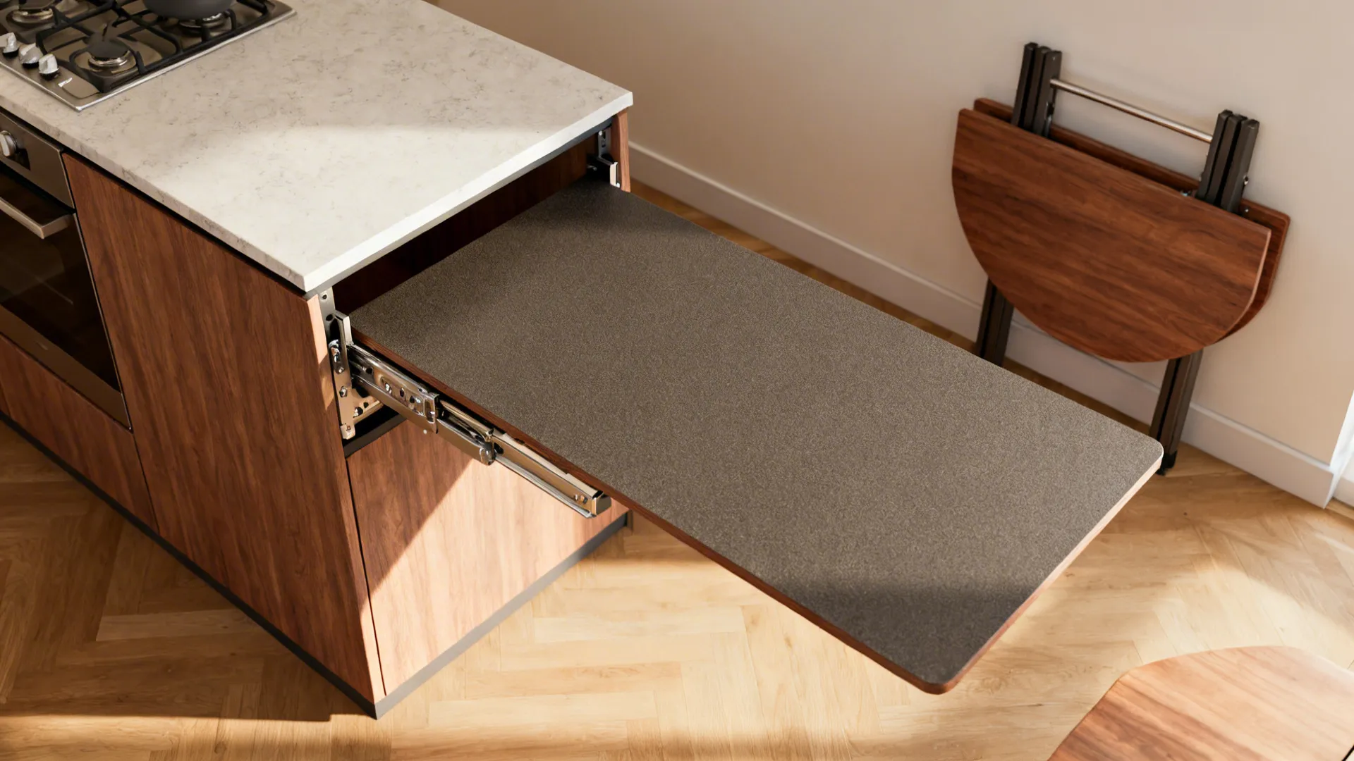 Pull-out countertop extended and a fold-down table stowed, demonstrating compact dining and prep solutions