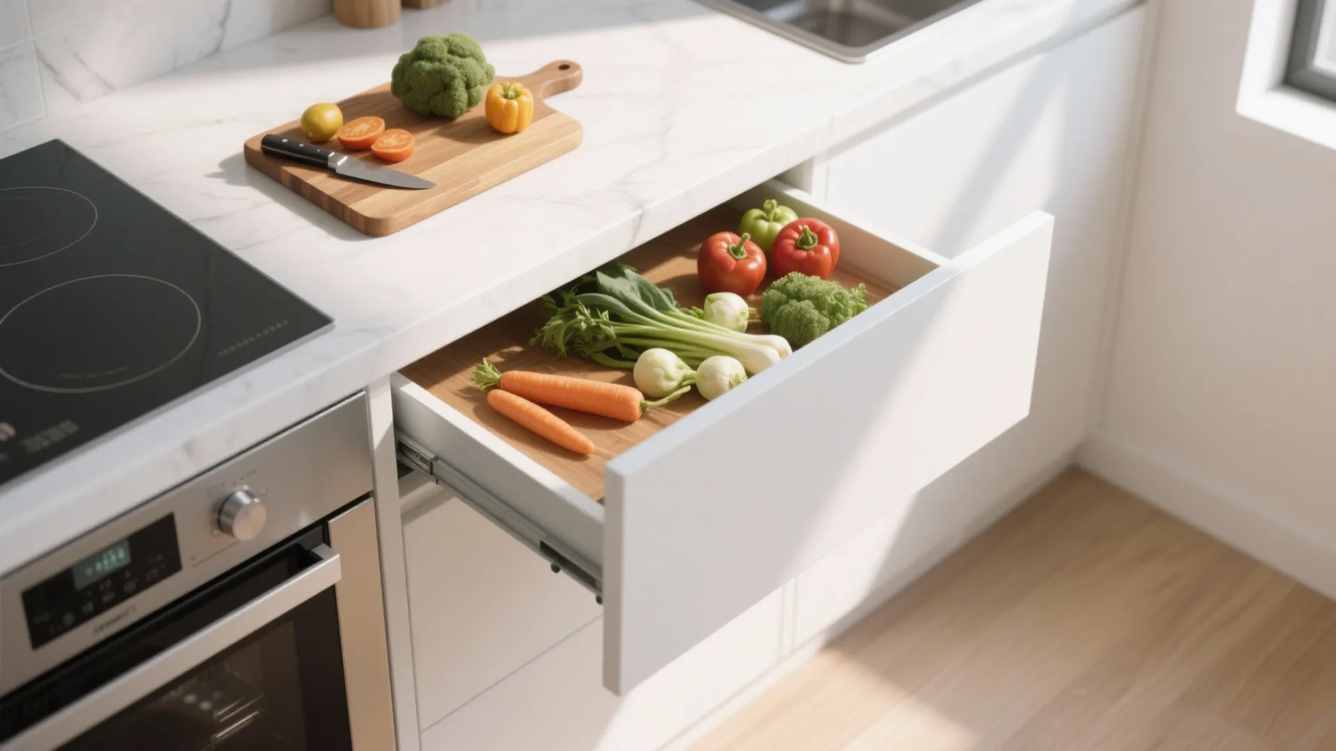 Pull-out cutting board over drawer in small kitchen