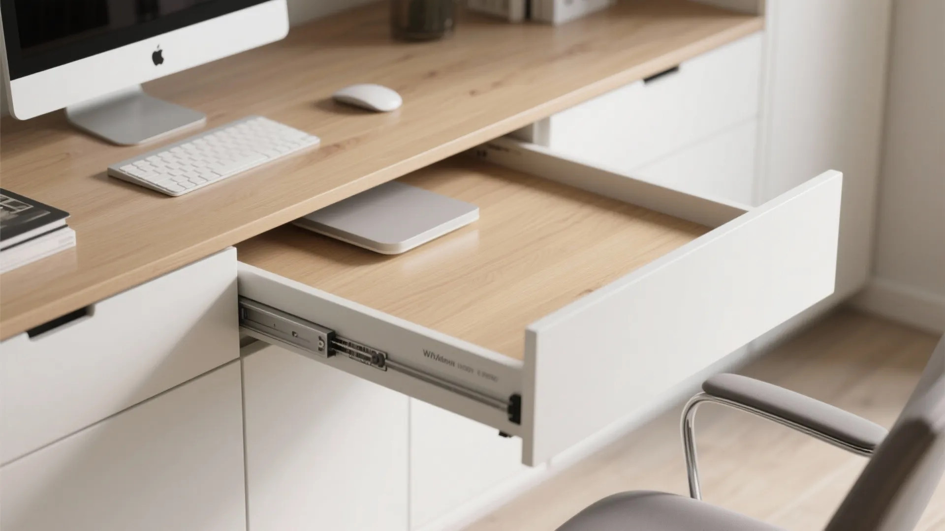 White desk with wooden top featuring an open pull out drawer for extra workspace and storage