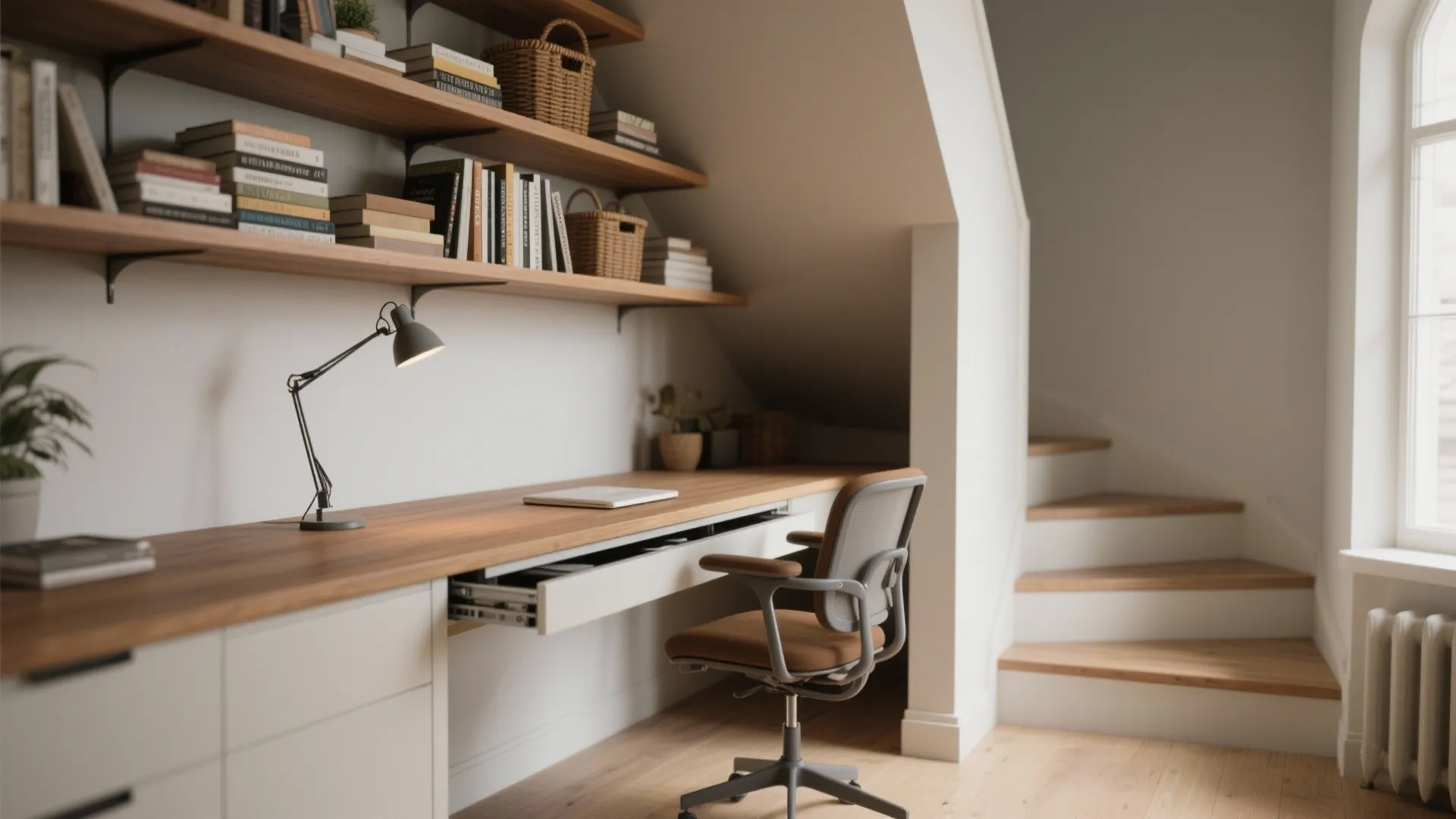 1. Pull-out desk with stacked shelving