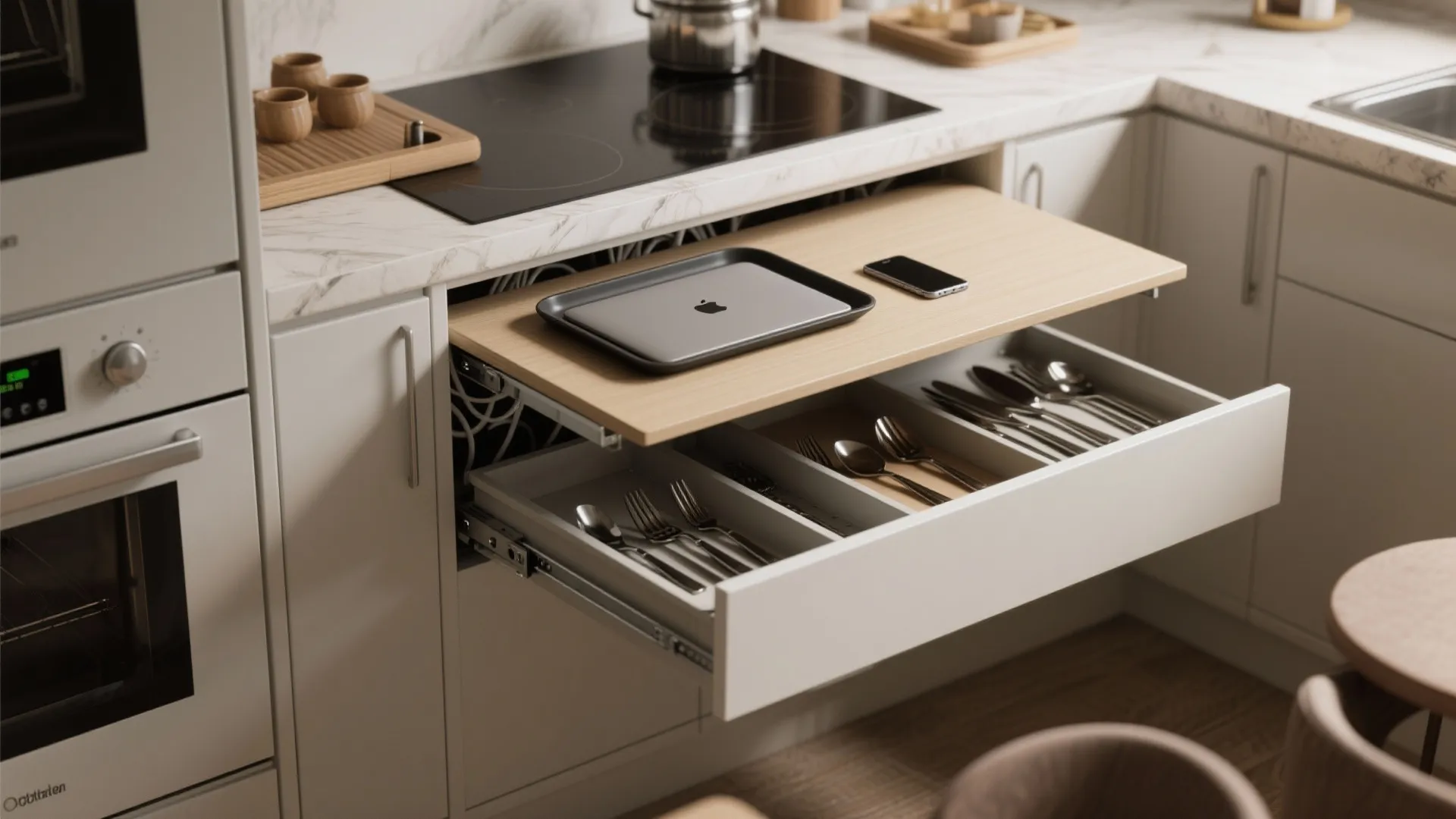 Close up of pull out wooden desk surface above kitchen drawer containing silver cutlery and phone