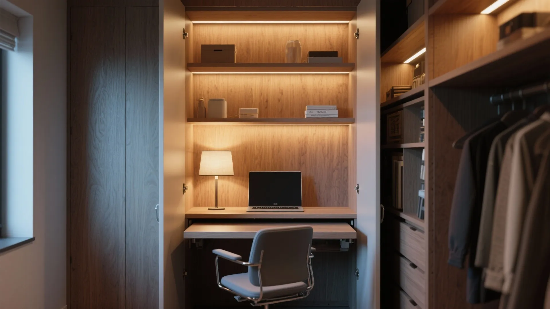Small home office hidden in wooden closet with pull out desk table lamp and laptop
