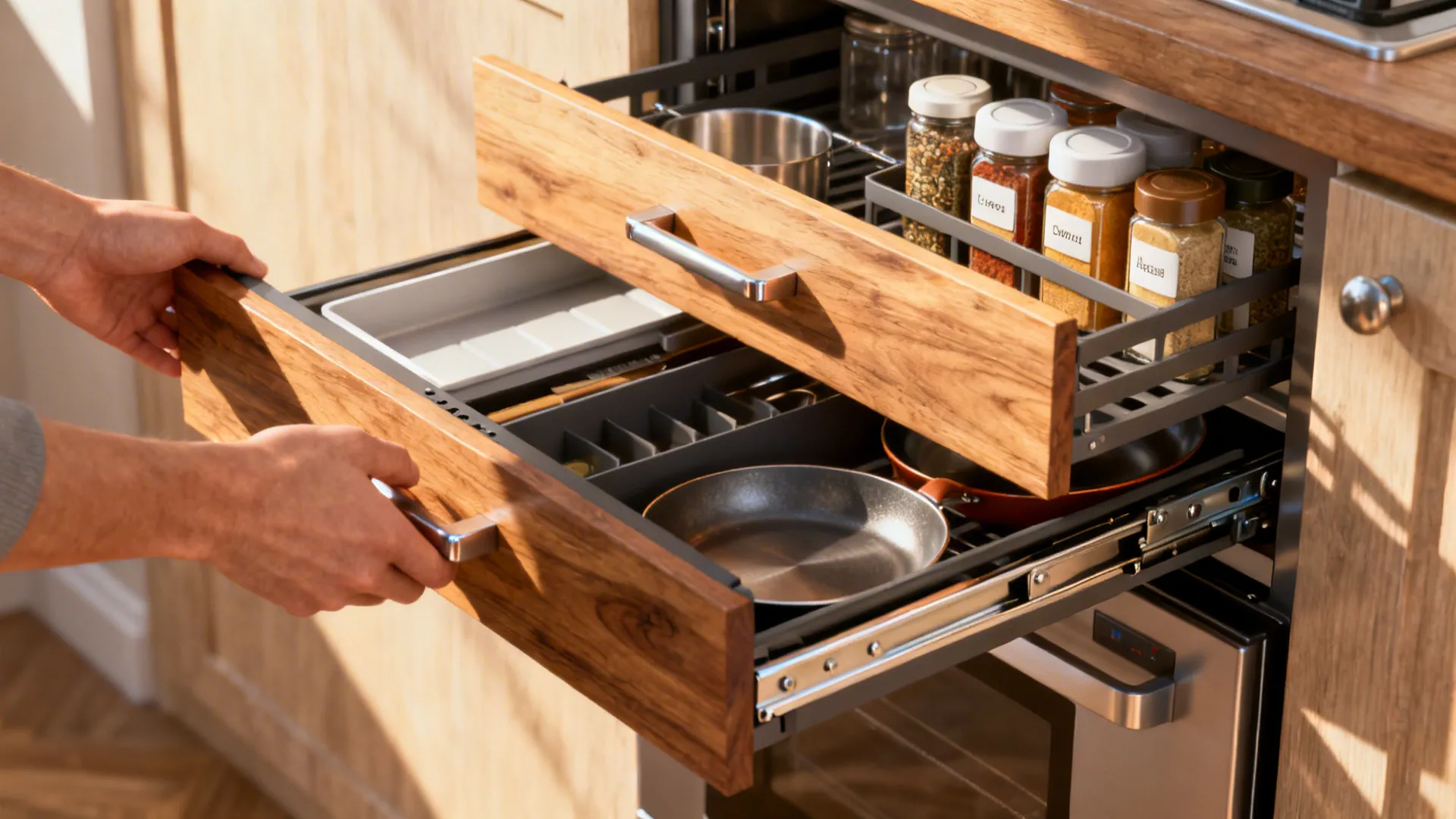 Macro view of pull-out drawers, spice racks and appliance garage in a small kitchen