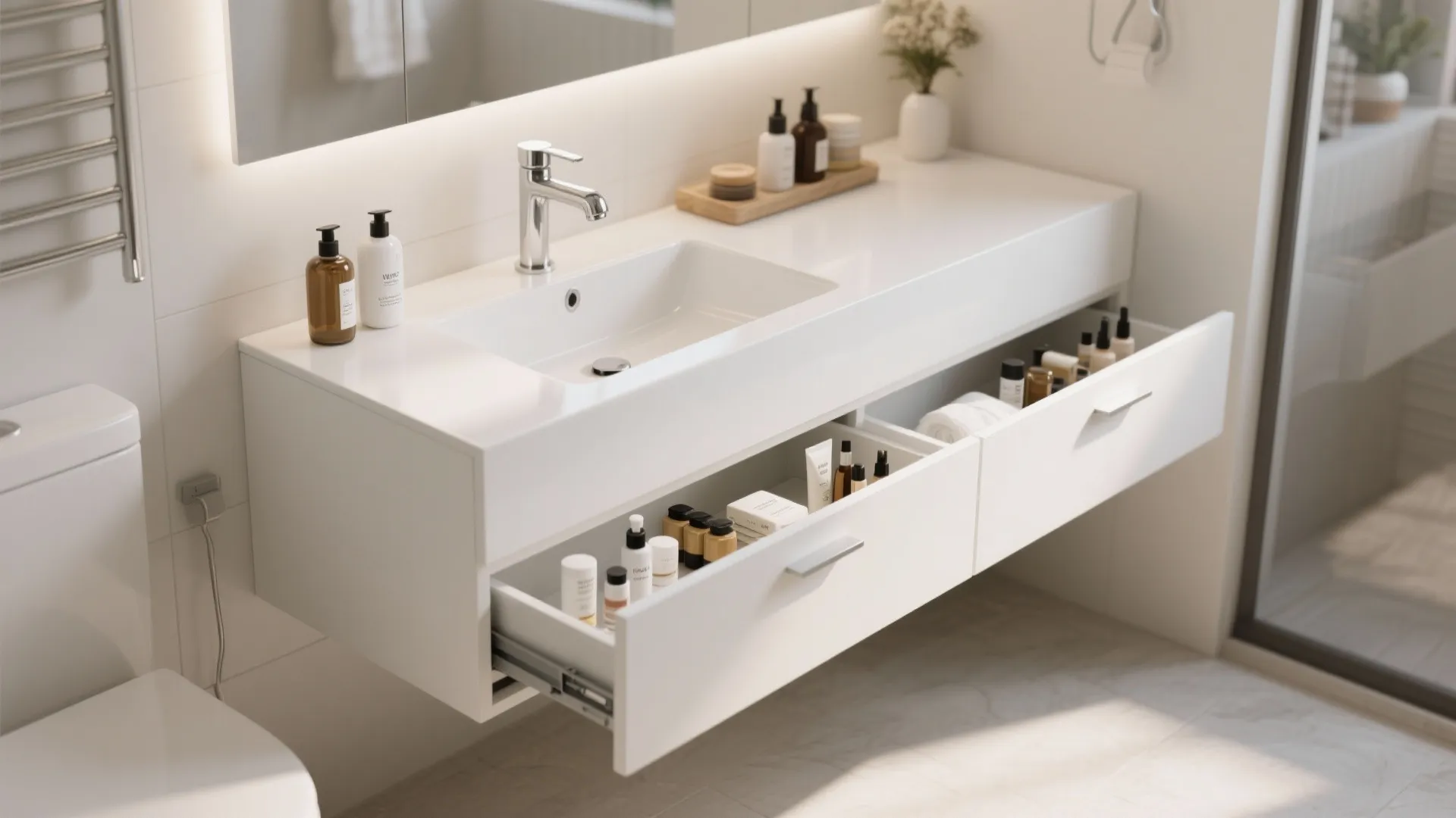 Modern white bathroom sink cabinet with two open drawers showing organized bottles and skin care