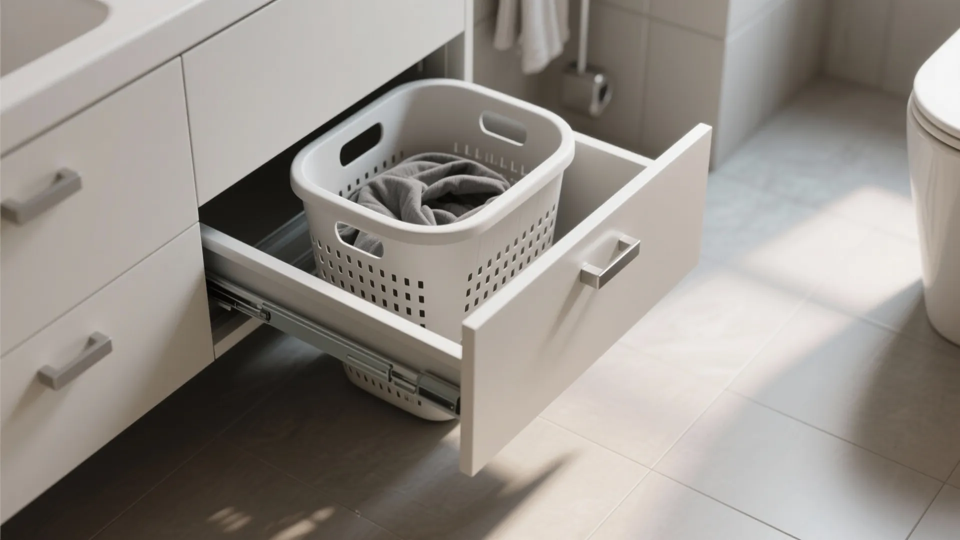White bathroom cabinet with open pull out drawer containing a plastic laundry basket with clothes