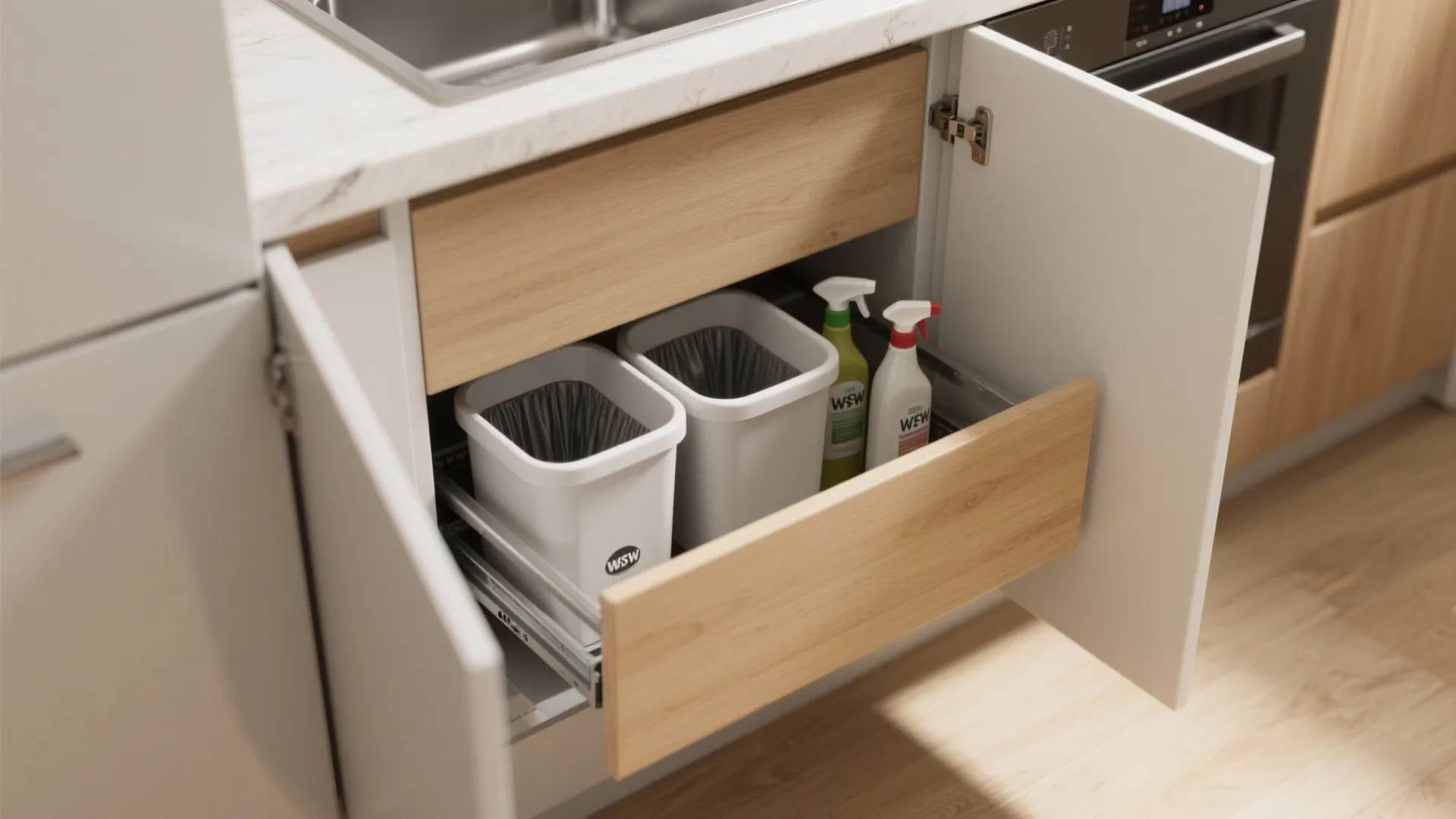 1. Pull-out drawers for bins and bottles
