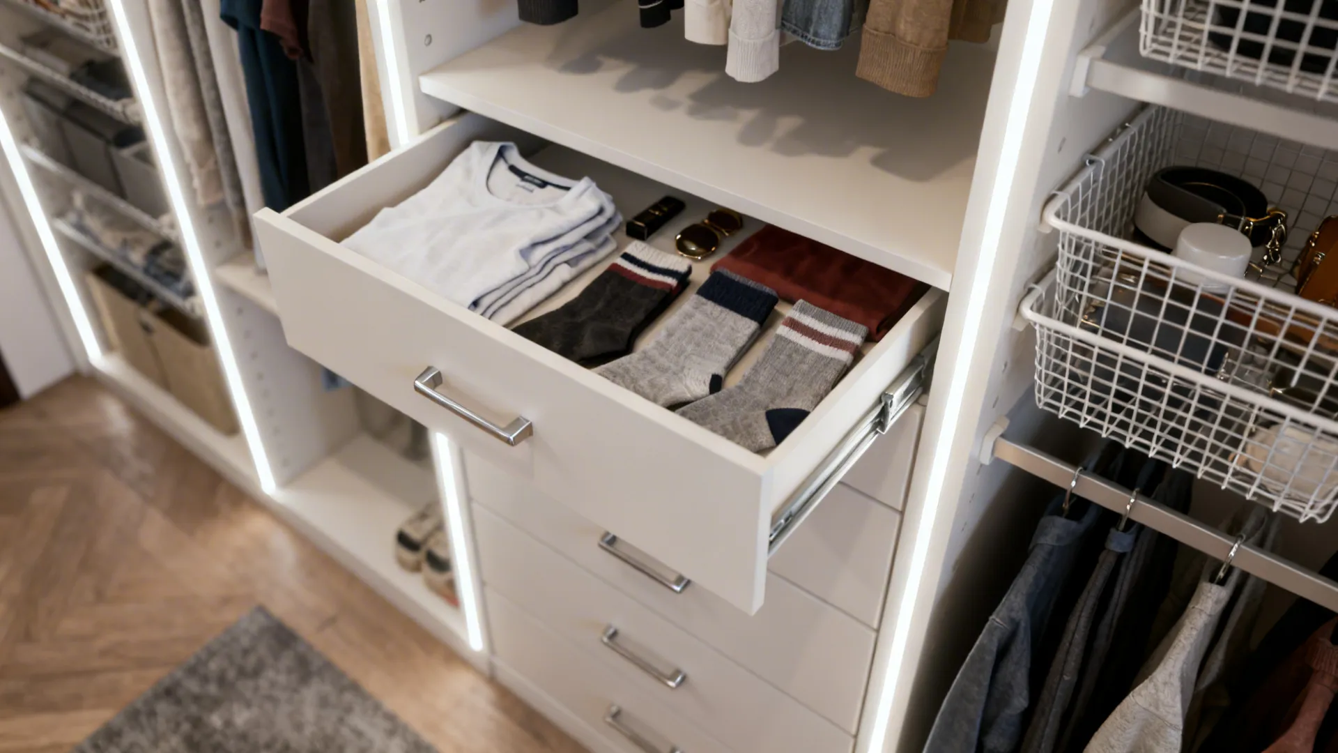 Shallow pull-out drawers and wire baskets extended in a reach-in closet showing organized contents