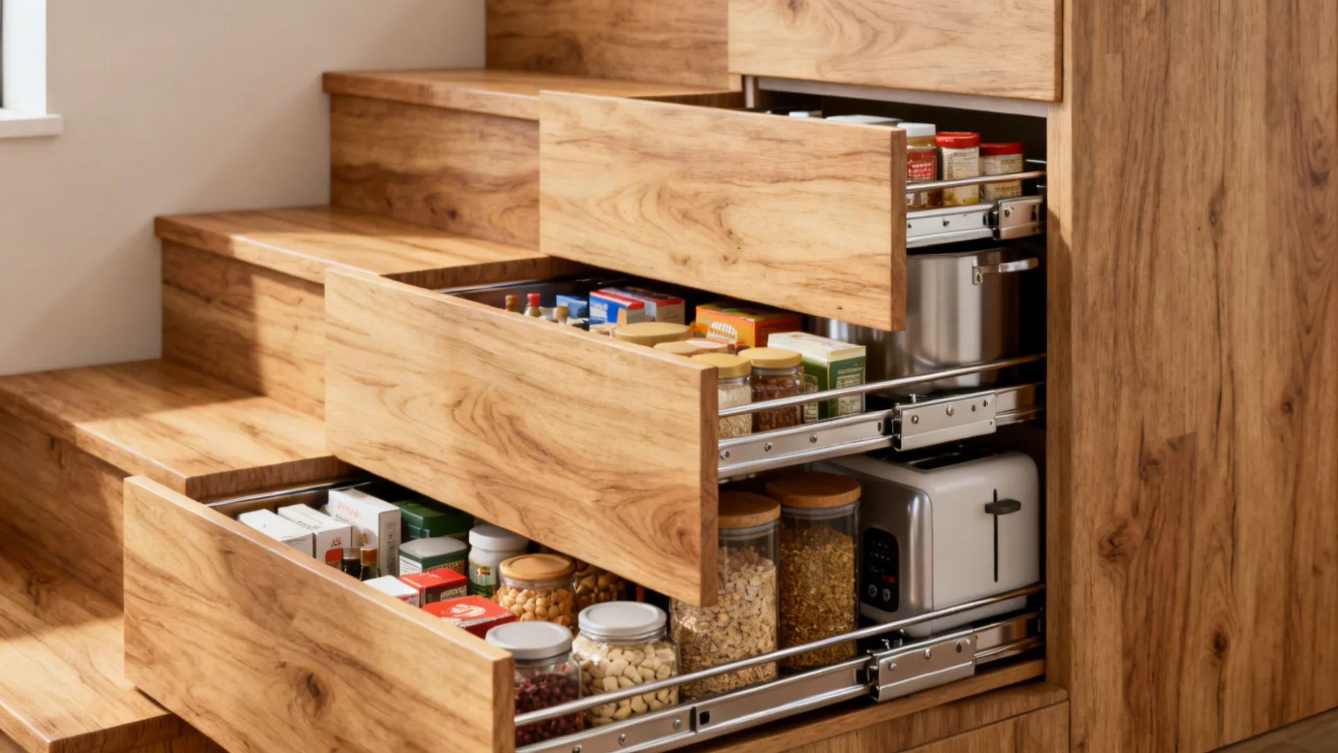 Wood staircase featuring pull-out storage drawers filled with kitchen jars pots and a small toaster