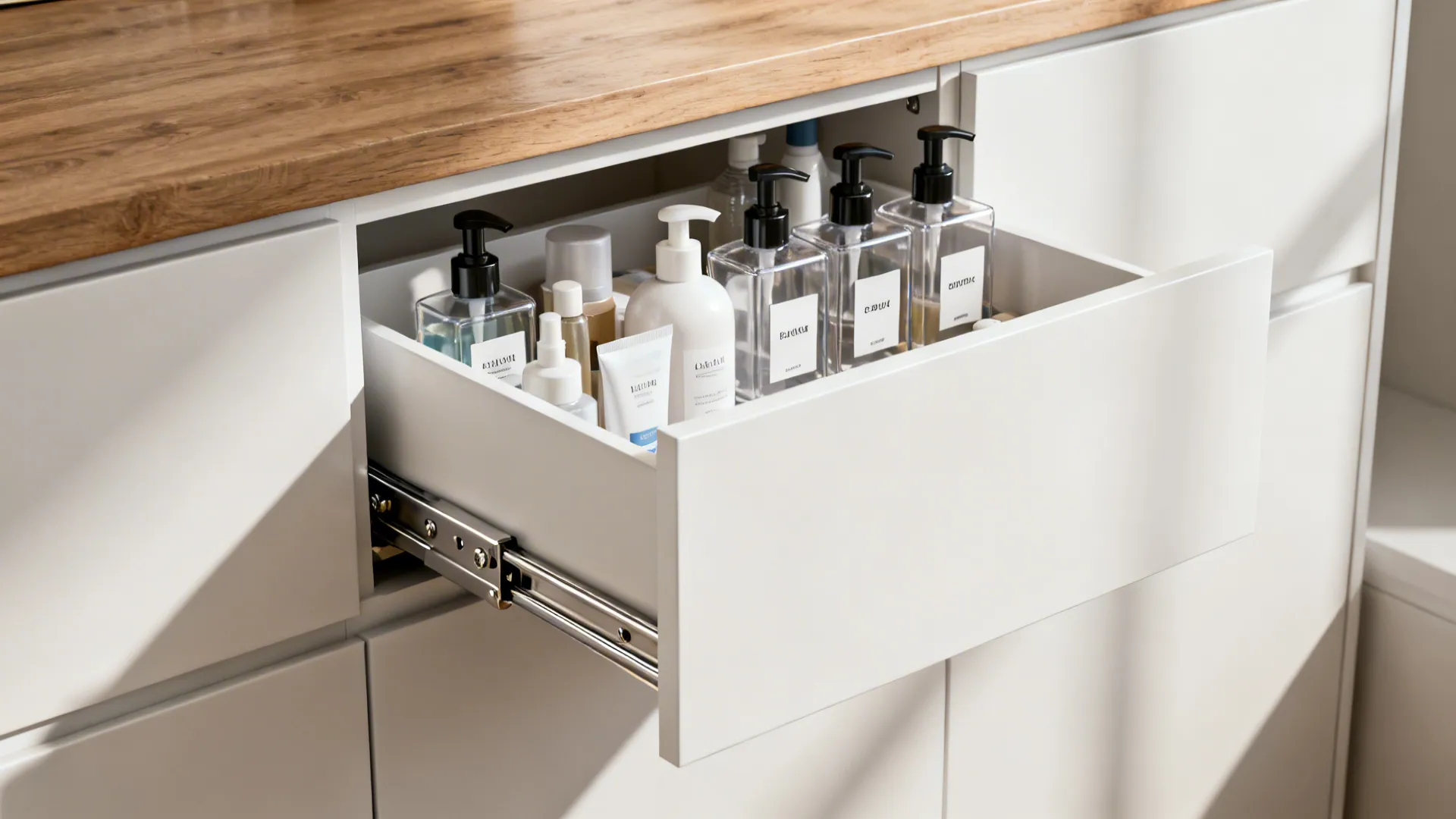 Open under-sink cabinet with wall-mounted pull-out drawers storing toiletries and cleaners.