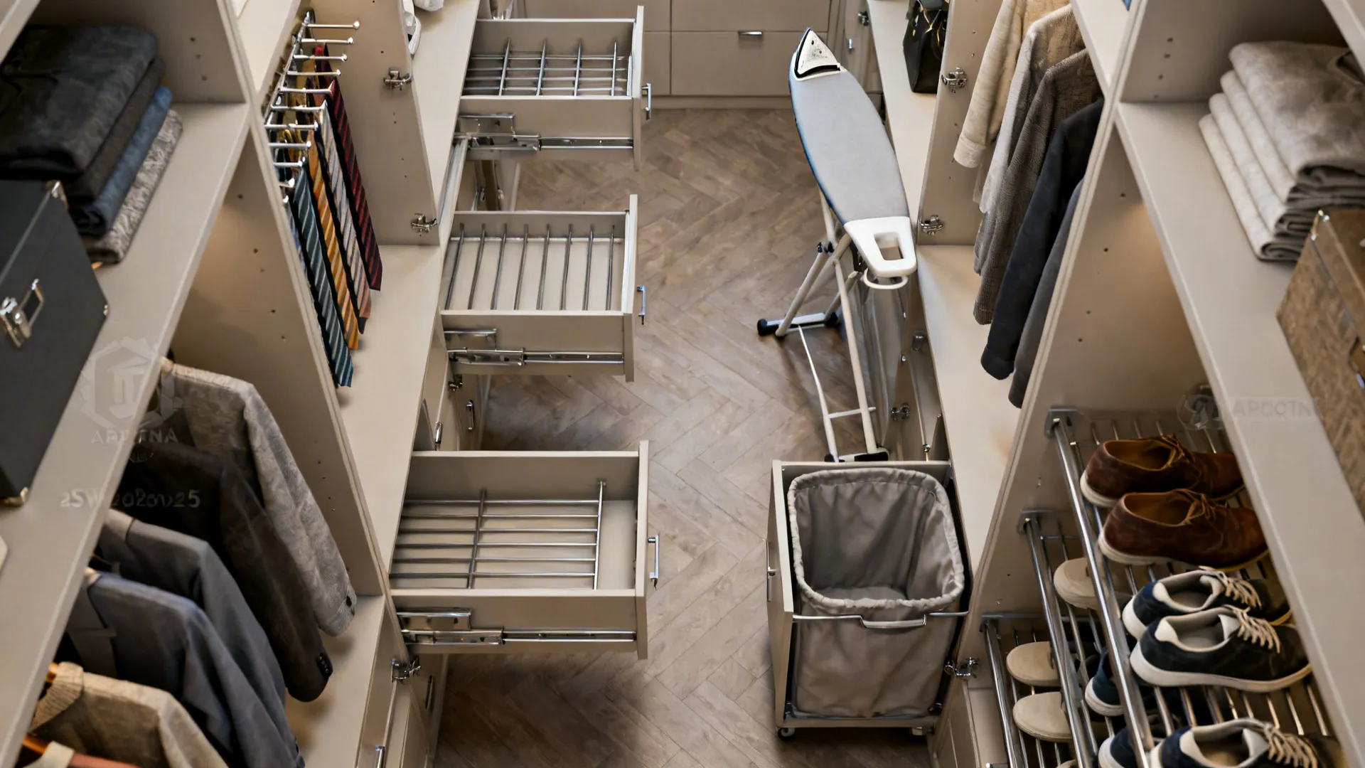 Top-down view of pull-out tie racks, fold-down ironing board, and slide-out hampers in a narrow closet