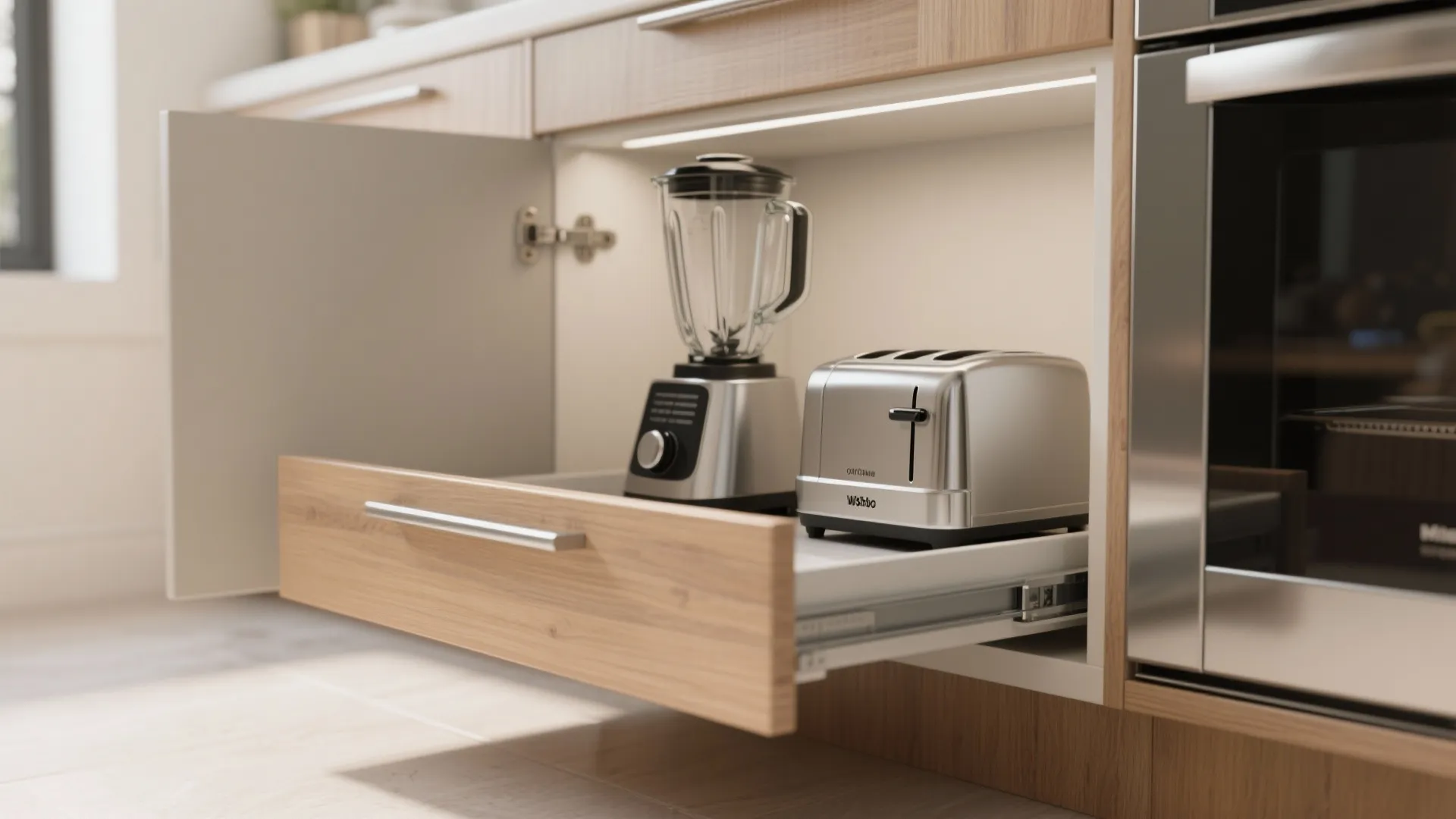 Pull-out appliance garage with blender and toaster inside a neat kitchen base cabinet.