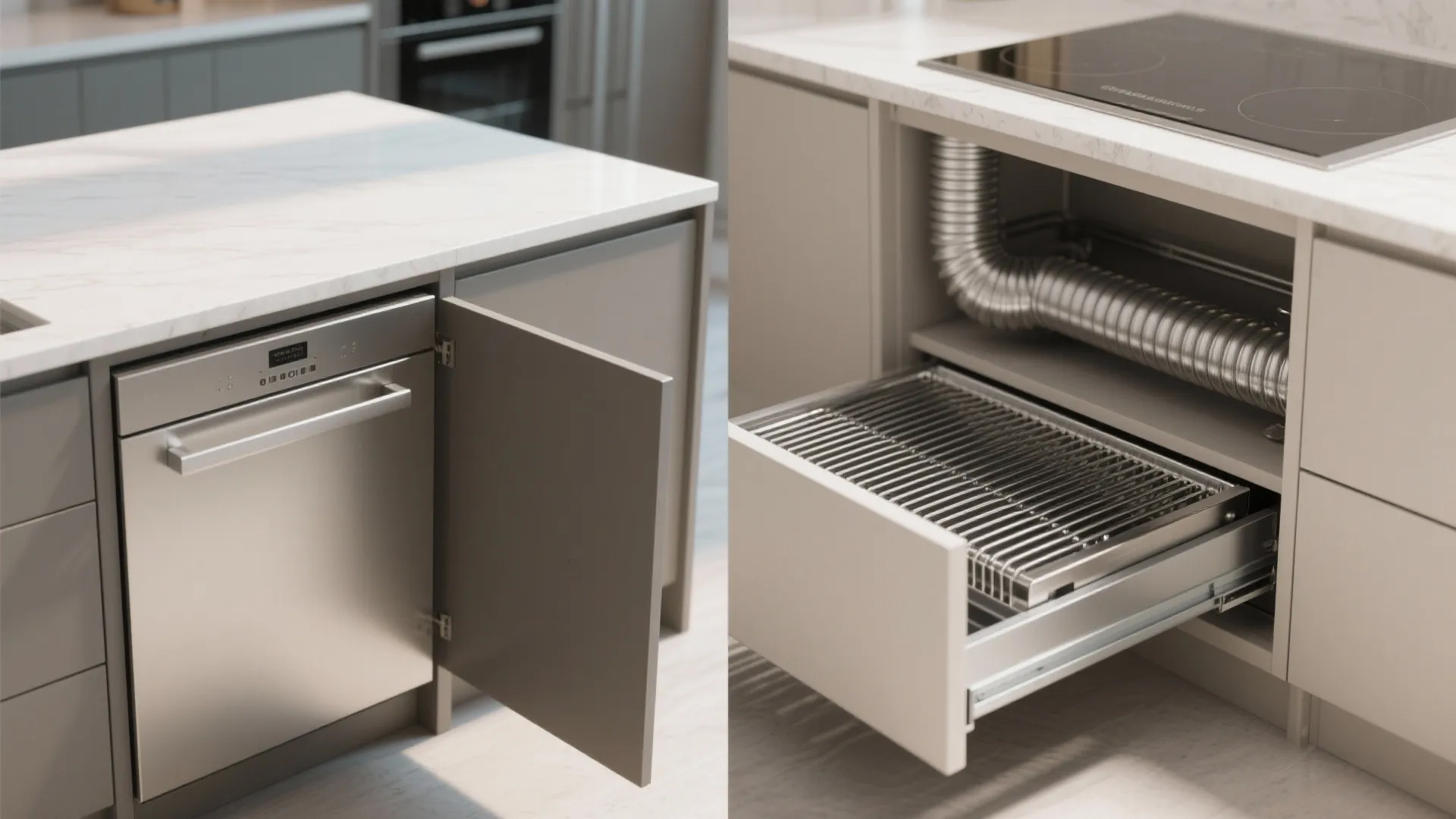 Modern kitchen island with built in dishwasher and a pull out metal grill storage drawer