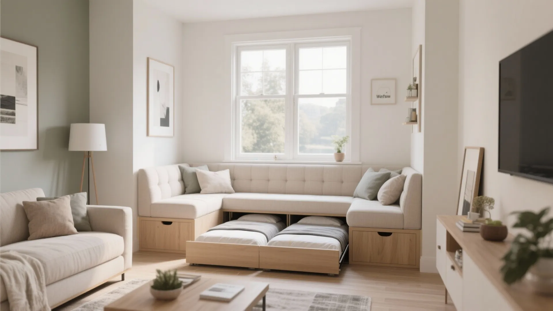 Functional beige sofa with a hidden pull out guest bed feature in a small living room