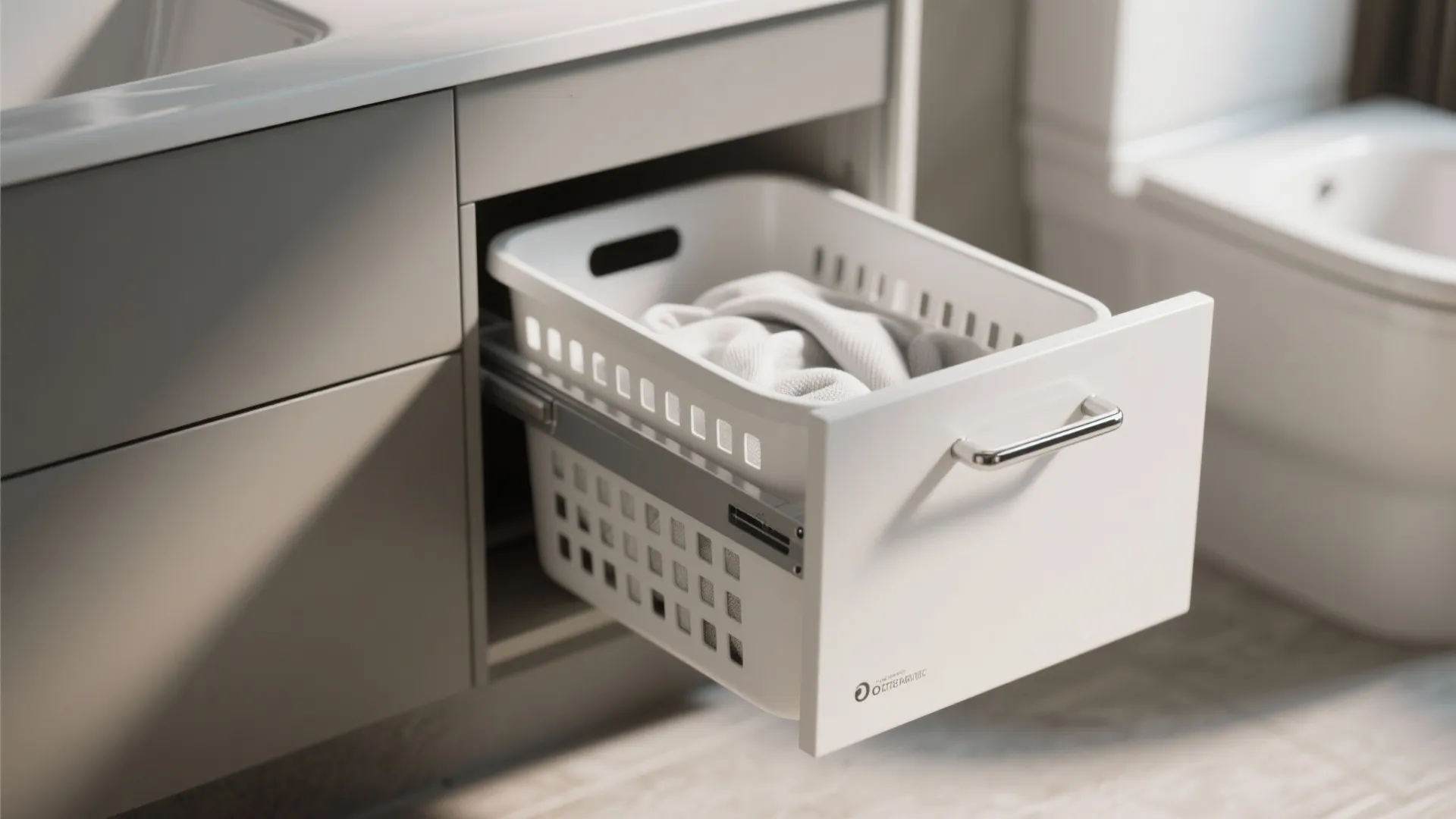Pull out cabinet drawer in bathroom vanity featuring a white plastic basket for dirty laundry