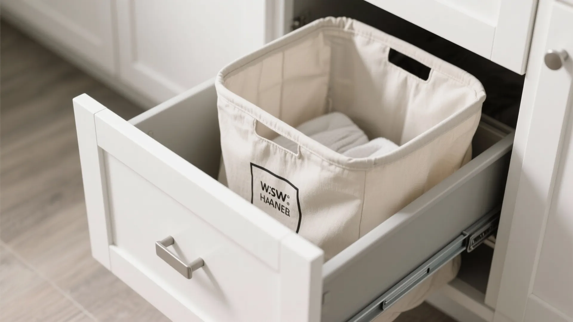 Pull-out laundry hamper integrated into cabinetry