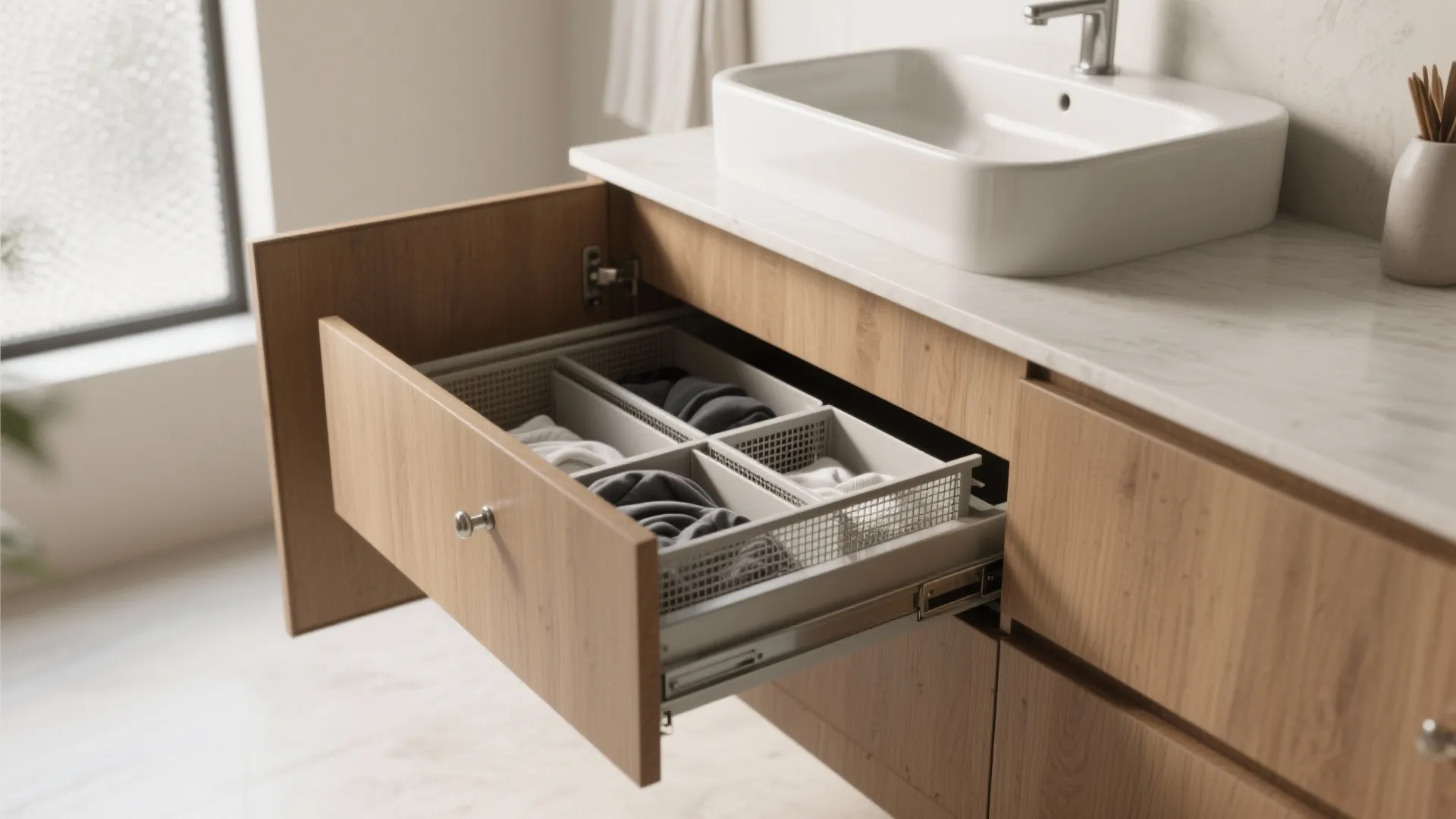 Open wooden bathroom cabinet drawer with organized storage dividers for clothes under a white sink