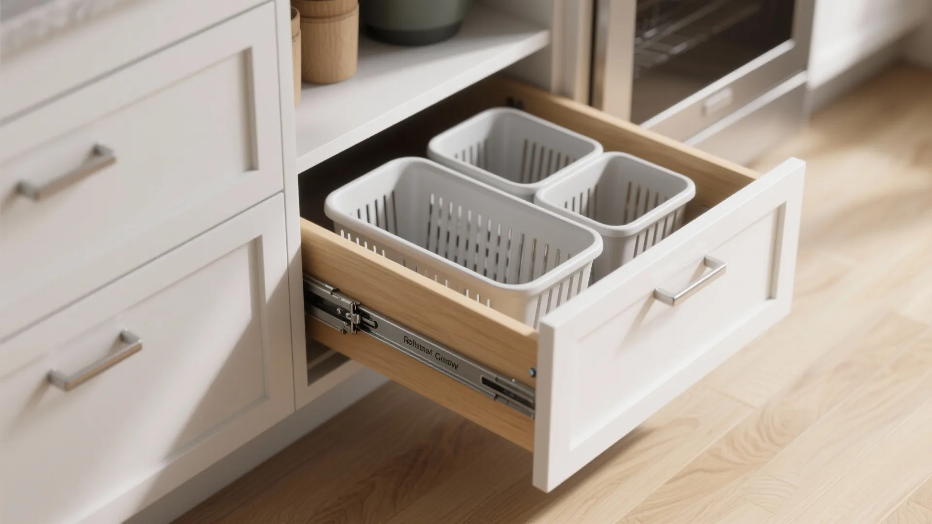 Open white kitchen drawer with three grey plastic storage baskets for organizing small household items