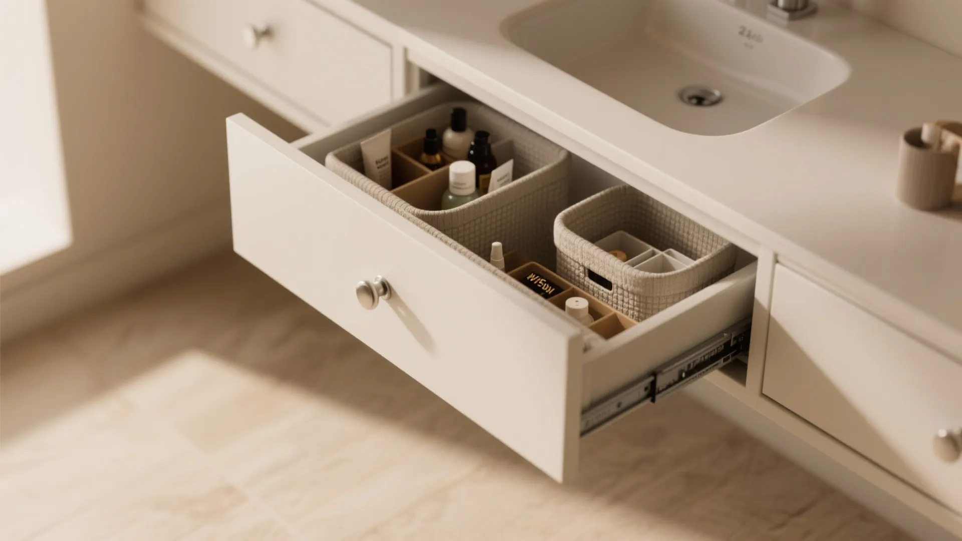 Open white bathroom cabinet drawer with organized storage baskets for small bottles and personal items