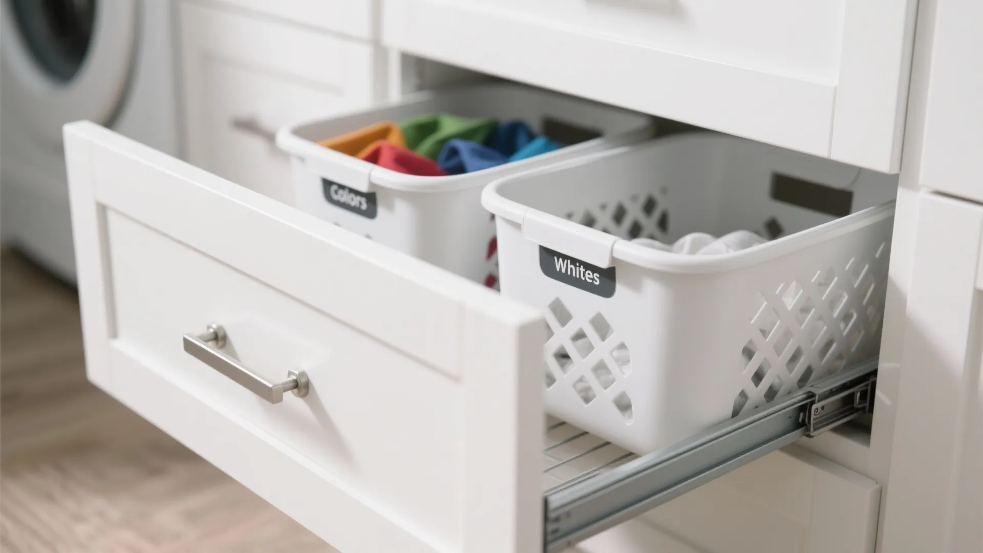 Laundry room cabinet with a pull out drawer holding two plastic baskets for sorting dirty clothes