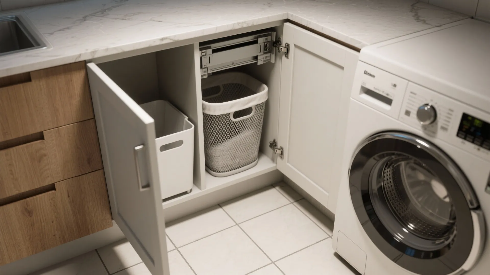 Modern laundry room cabinet with open door showing pull out basket and white washing machine