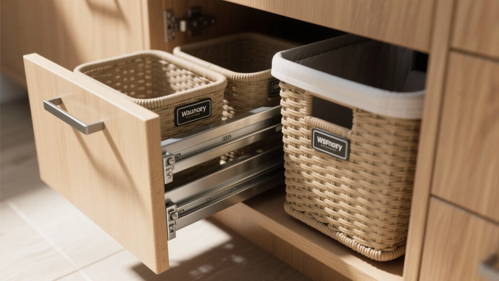 Pull out wooden cabinet drawer with woven storage baskets on metal tracks for organized laundry room