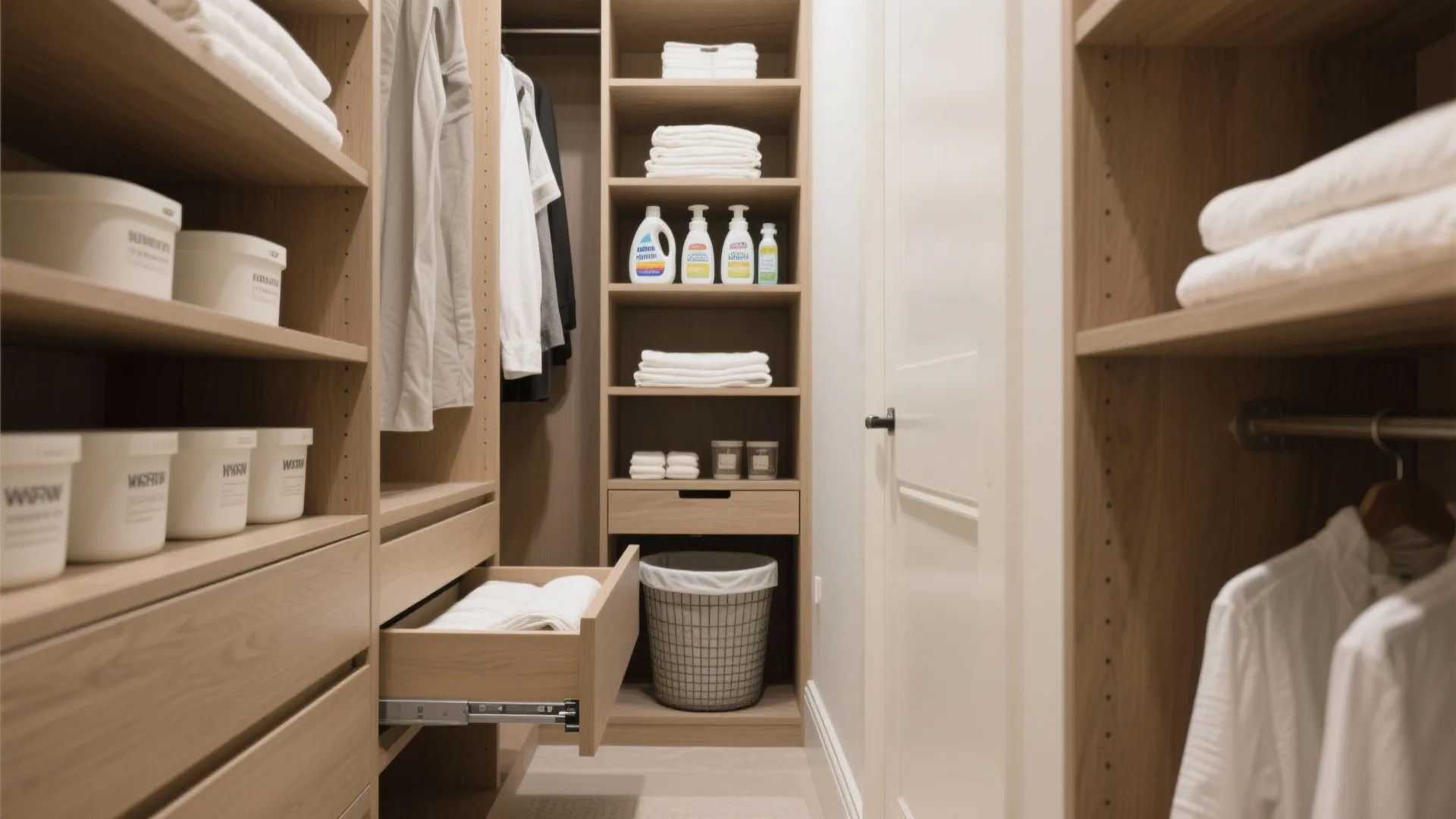 Narrow laundry closet with stacked vertical shelving above a pull-out hamper, labeled supplies and folded linens.