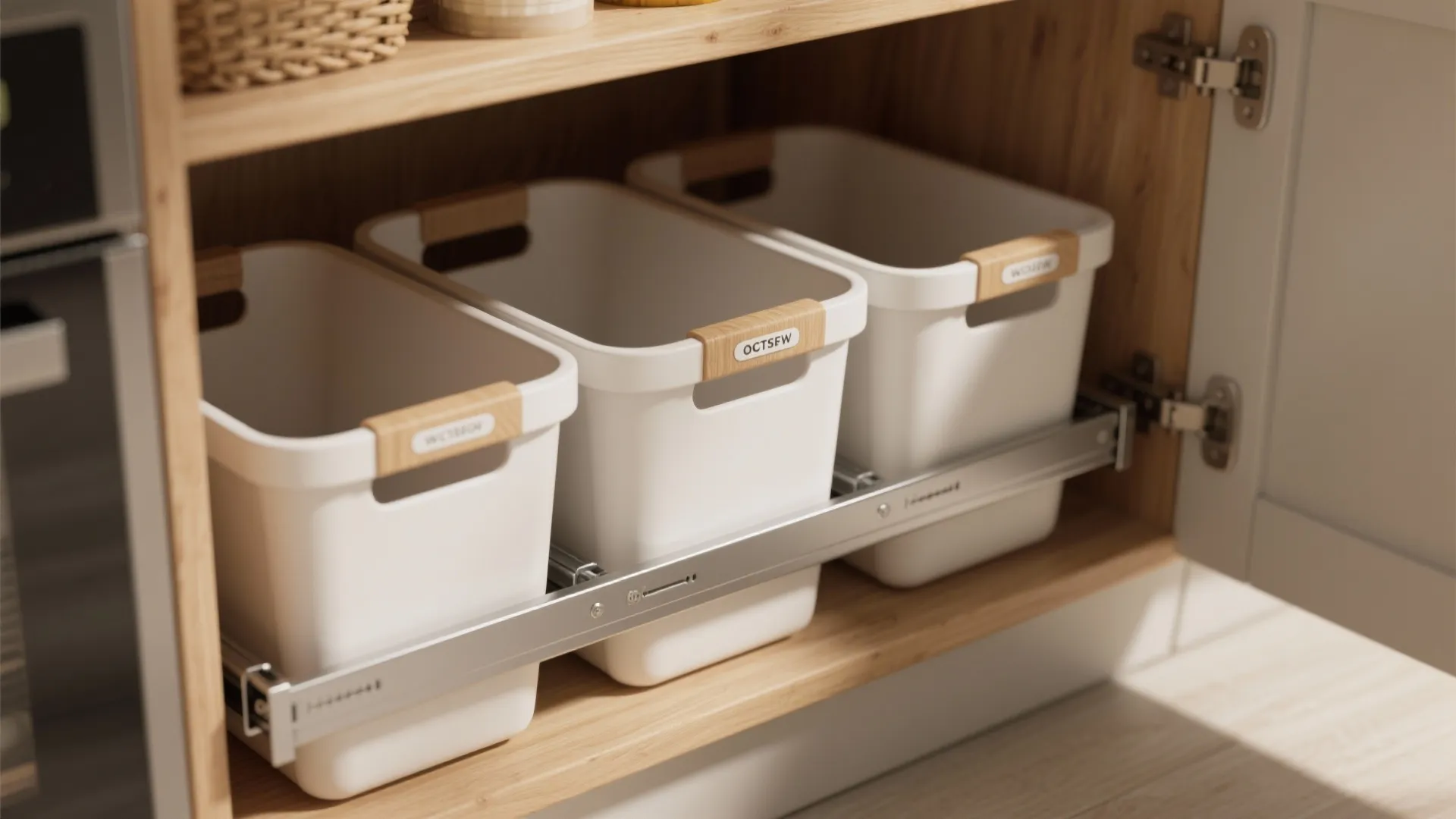 Three white plastic storage bins on a metal pull-out rack inside a light wood cabinet