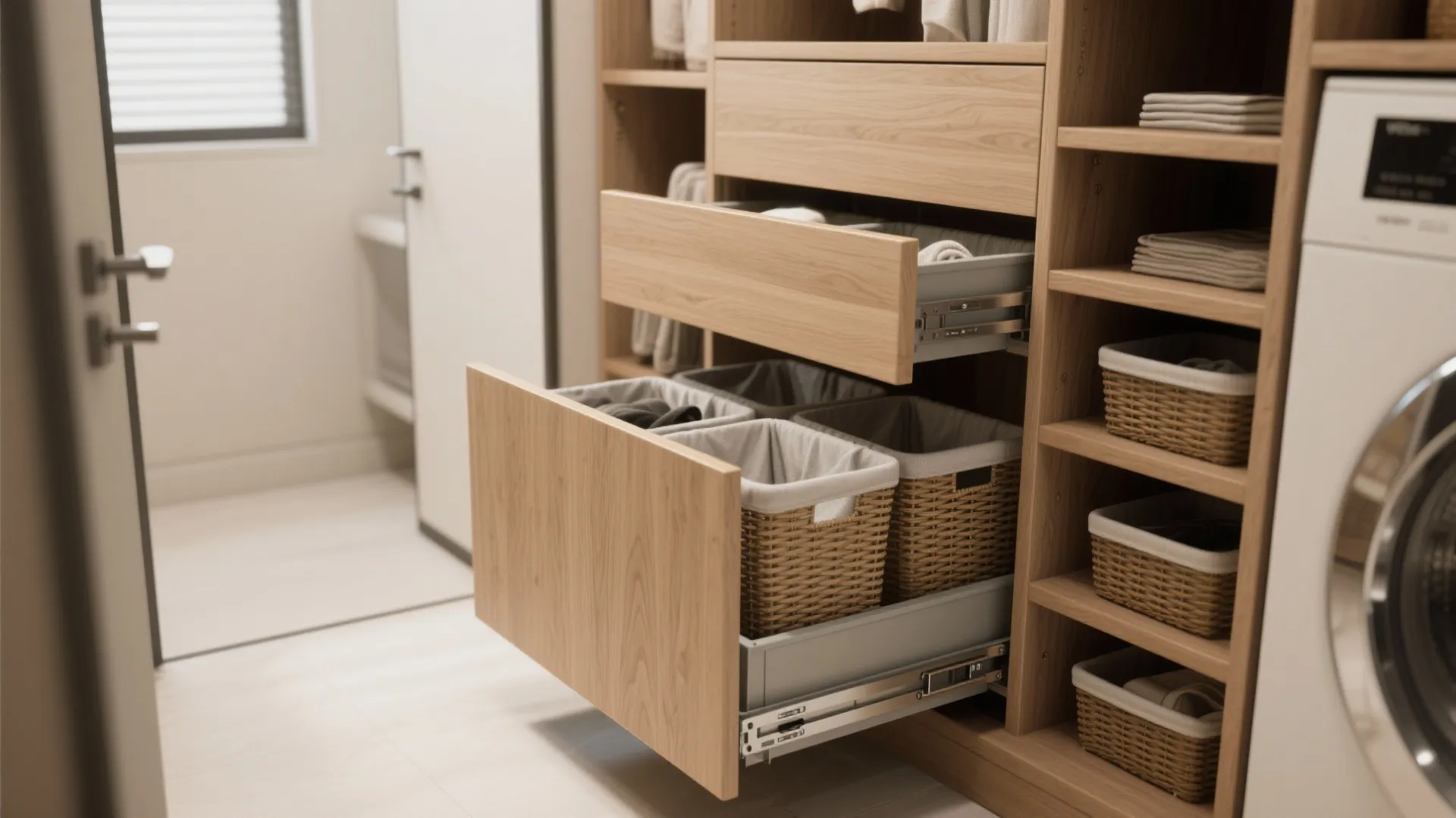 Wooden laundry cabinet with open drawers containing woven baskets for sorting clothes next to washing machine