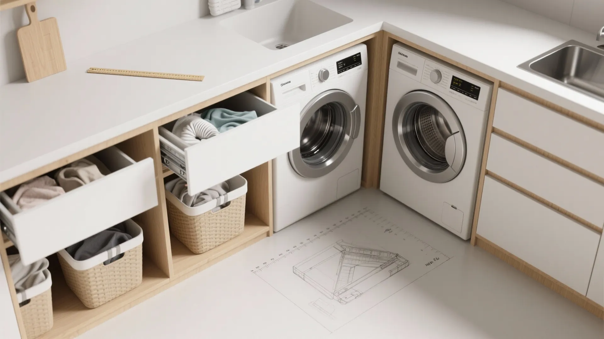 5. Pull-out hampers and multi-use appliance nook