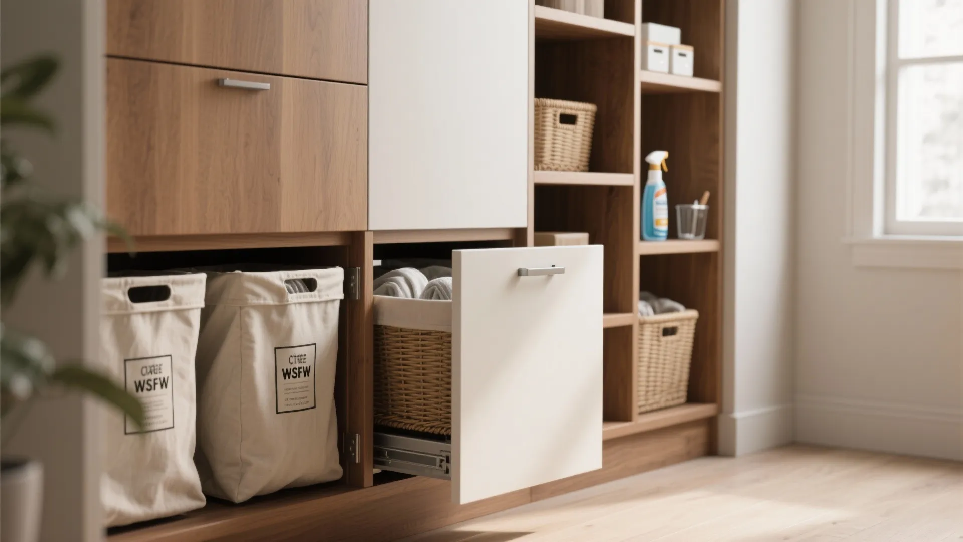 3. Pull-out hampers and vertical storage