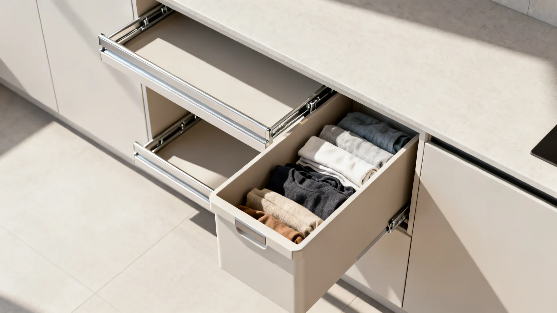 Top-down view of sliding pull-out hampers under a laundry counter for hidden sorting