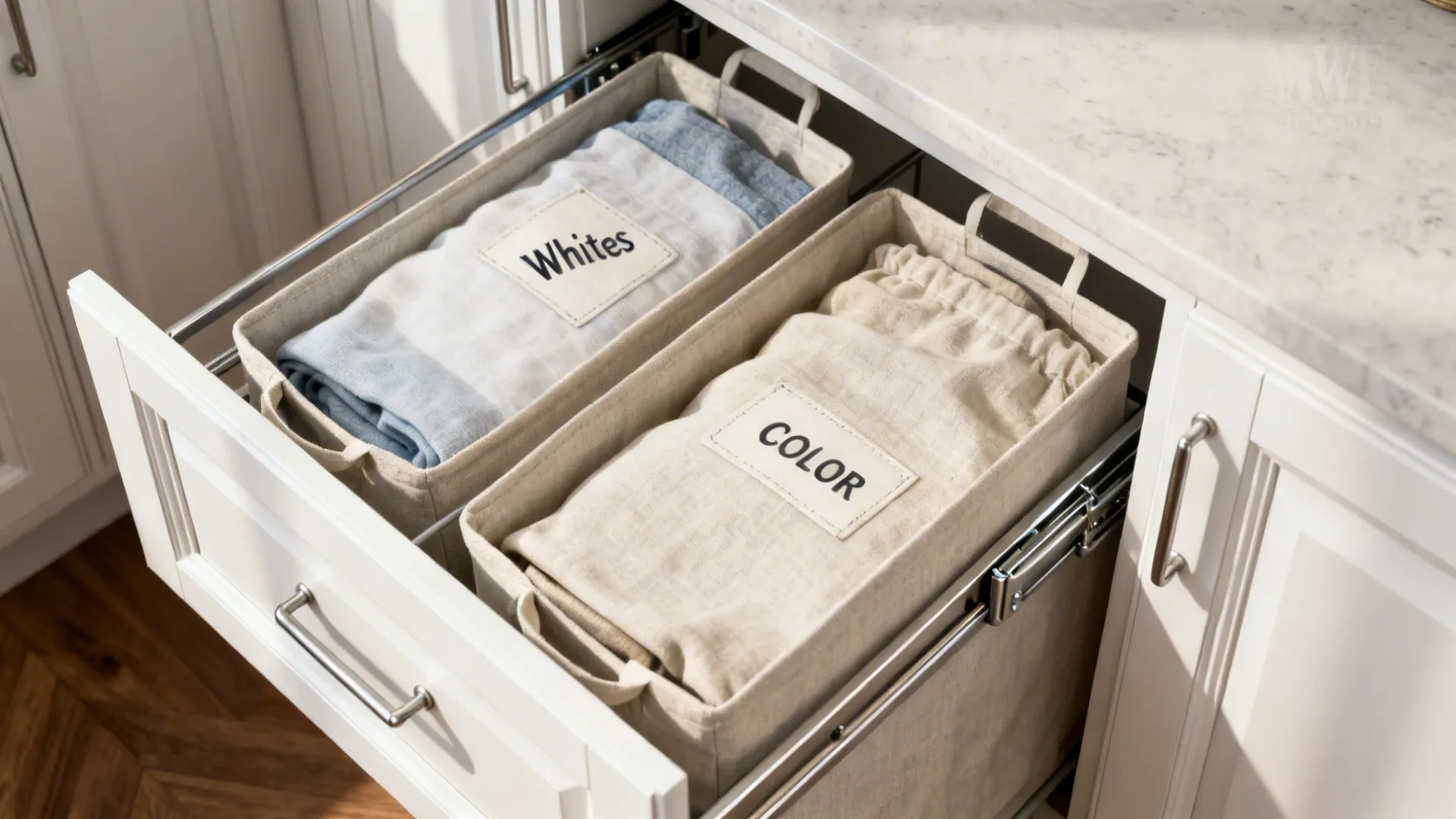 Slim two-section pull-out hamper with sturdy metal sliders inside a cabinet.