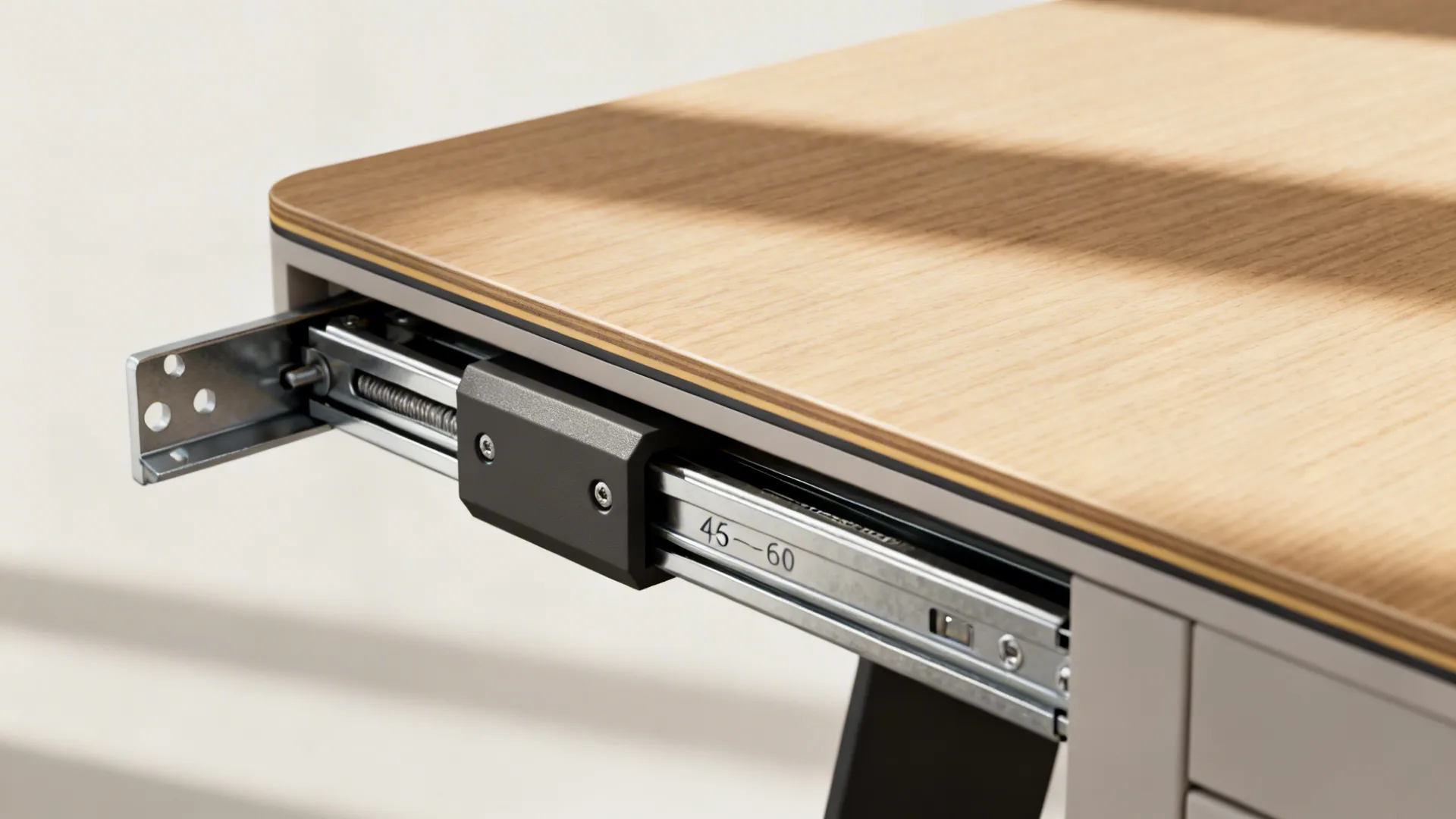 Macro of heavy-duty full-extension slides and ABS-edged laminate top on a pull-out table.