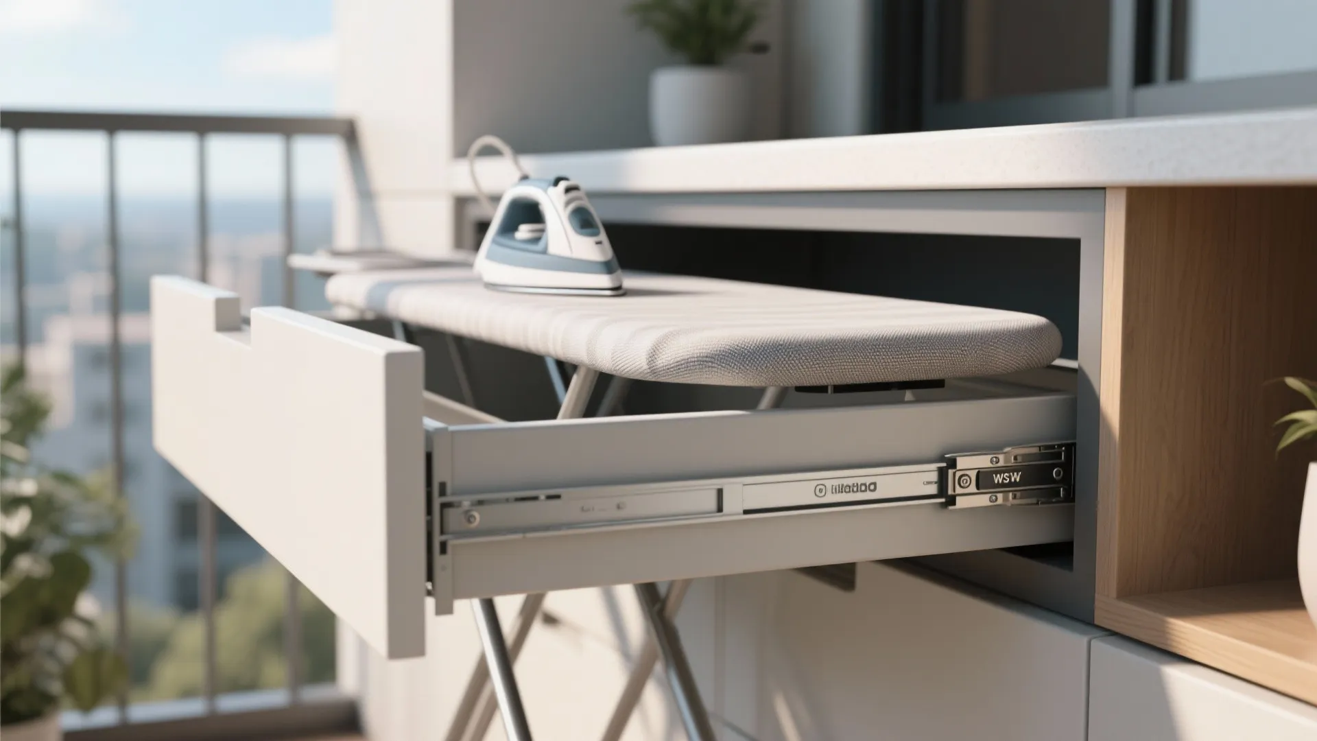 Modern balcony cabinet featuring a hidden pull out ironing board with a white electric iron