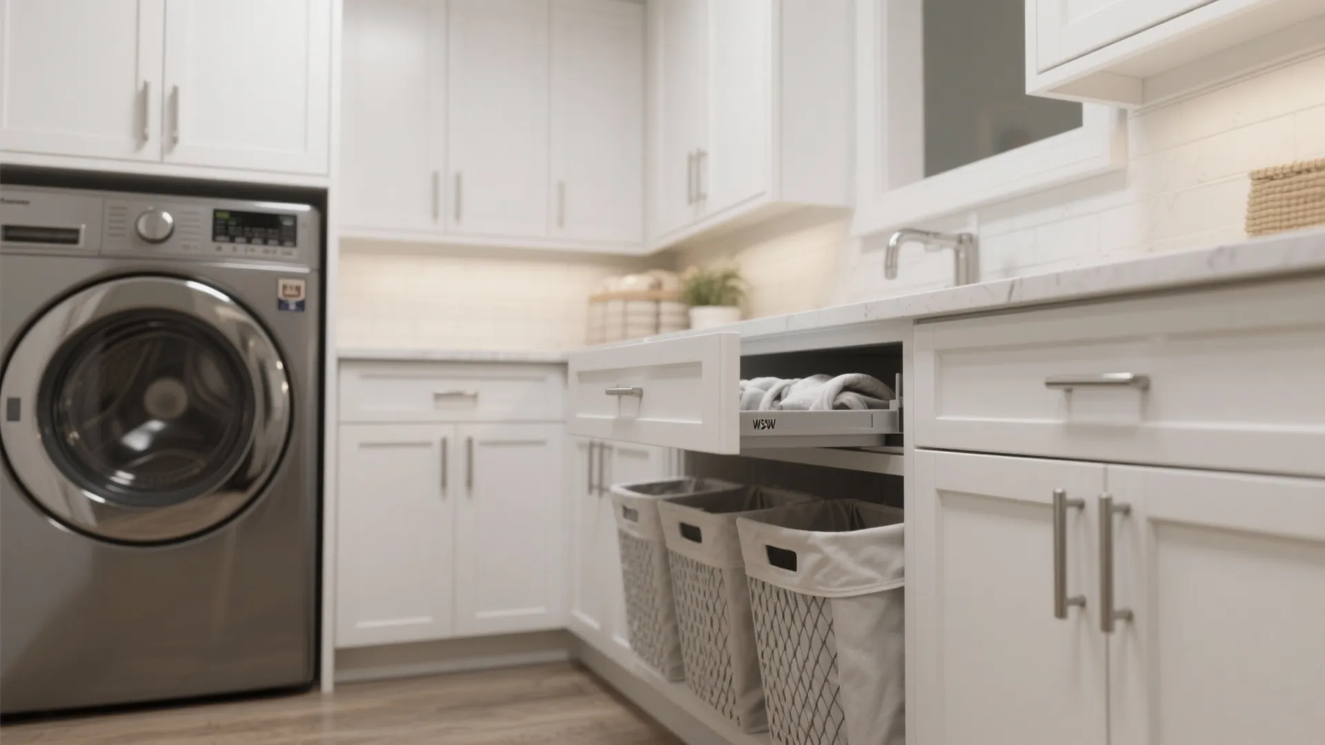 Modern white laundry room cabinet featuring pull out drawers and three grey woven storage baskets
