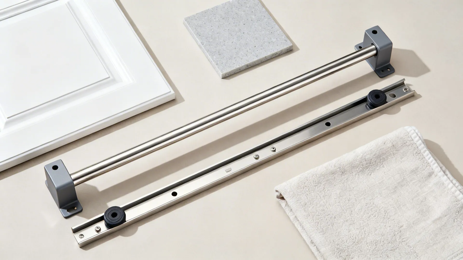 Flat lay of stainless hardware and material swatches for a concealed pull-out towel rail.