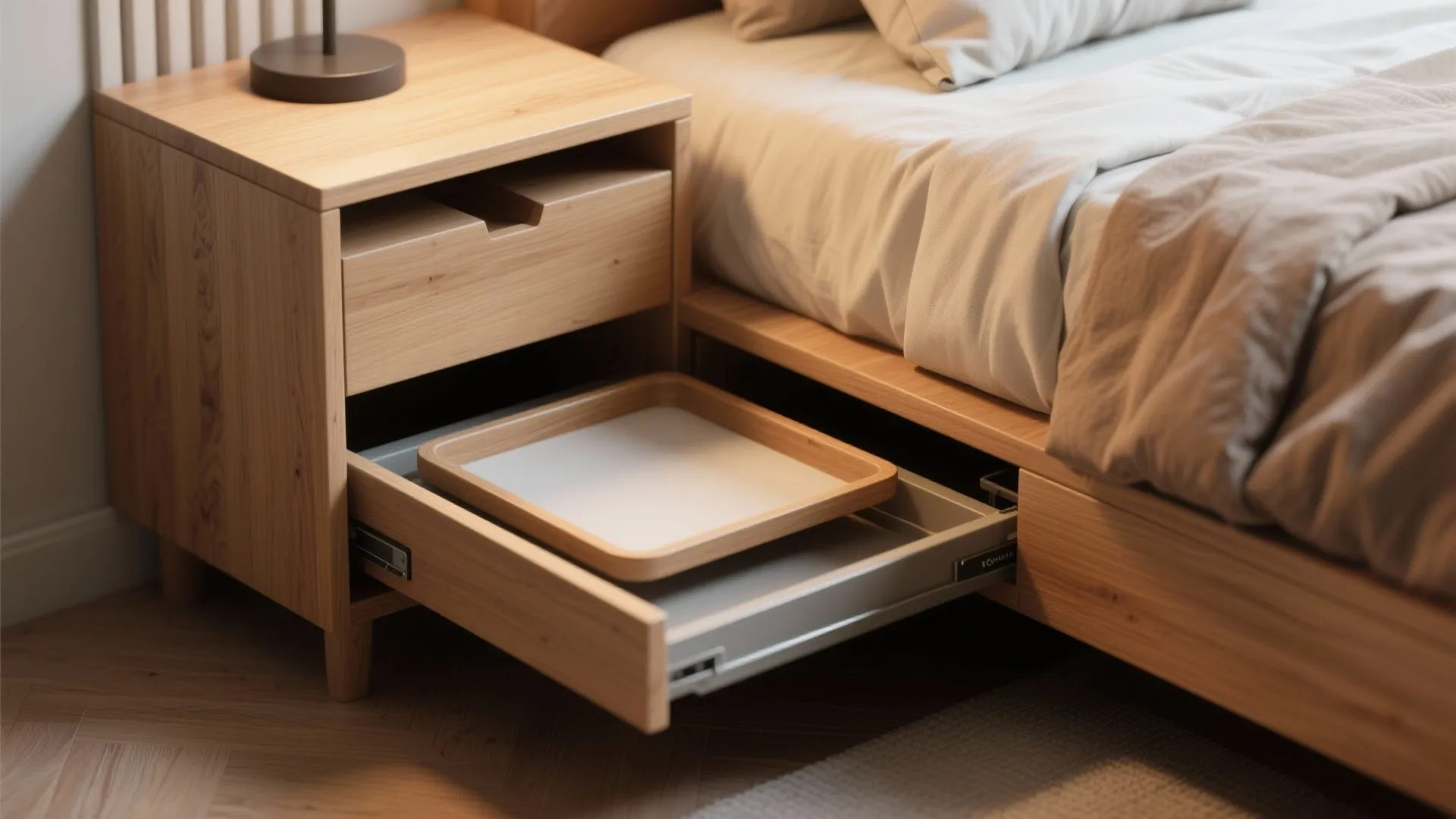 Wooden bedside table with a functional pull-out tray drawer next to a neatly made bed