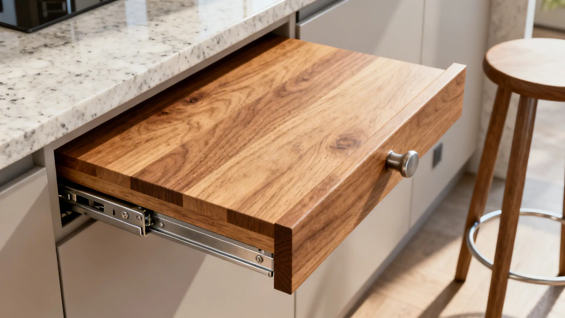 Macro detail of pull-out oak ledge with heavy-duty slides and chamfered edges.