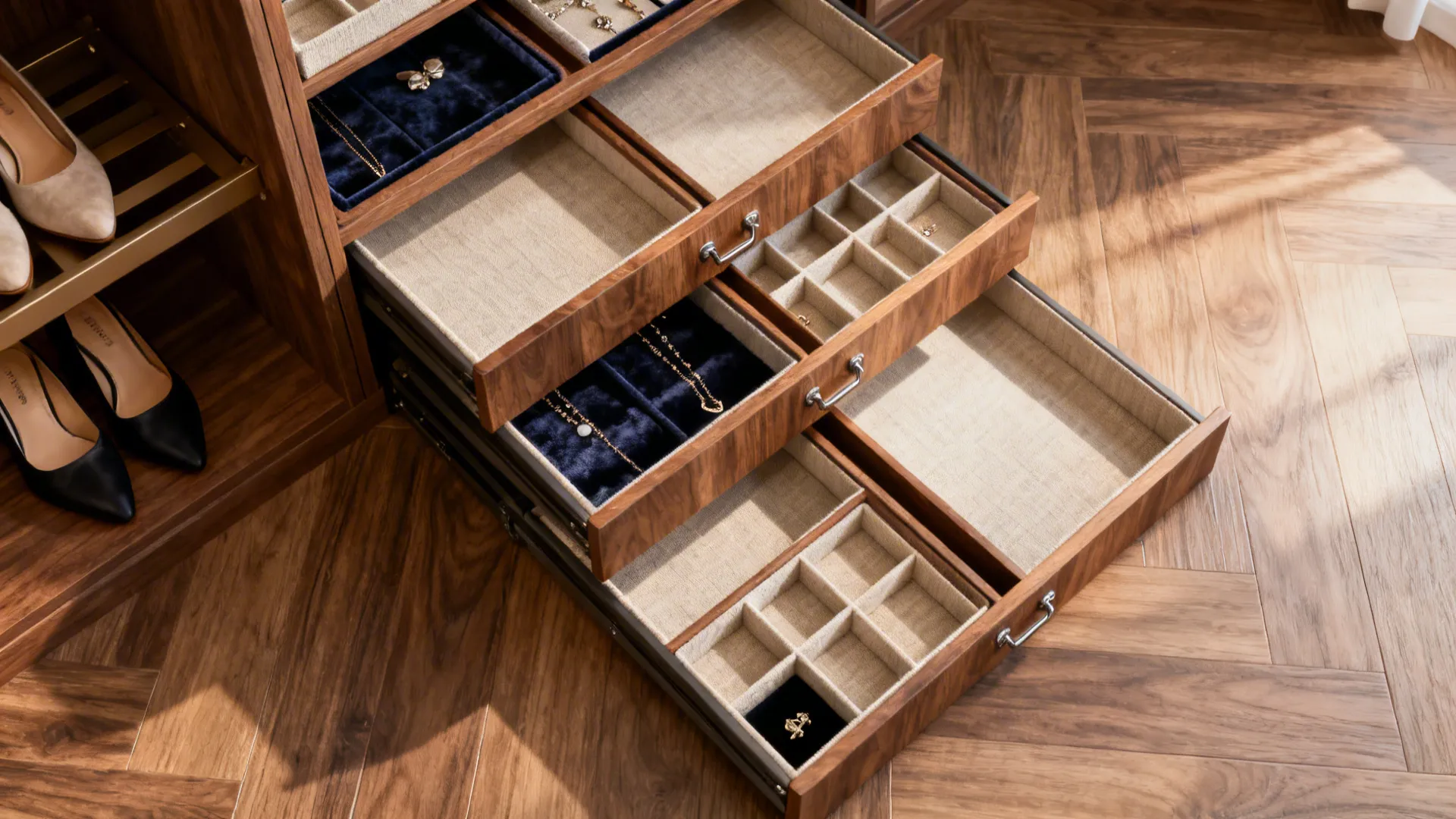 Top-down view of pull-out shoe racks and velvet-lined jewelry trays in a closet