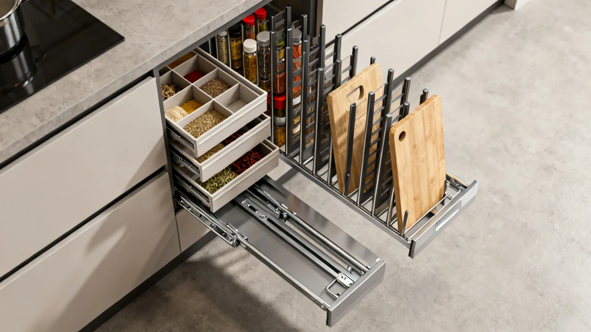 Top-down view of shallow cabinet with pull-out trays and vertical dividers organizing spices and boards