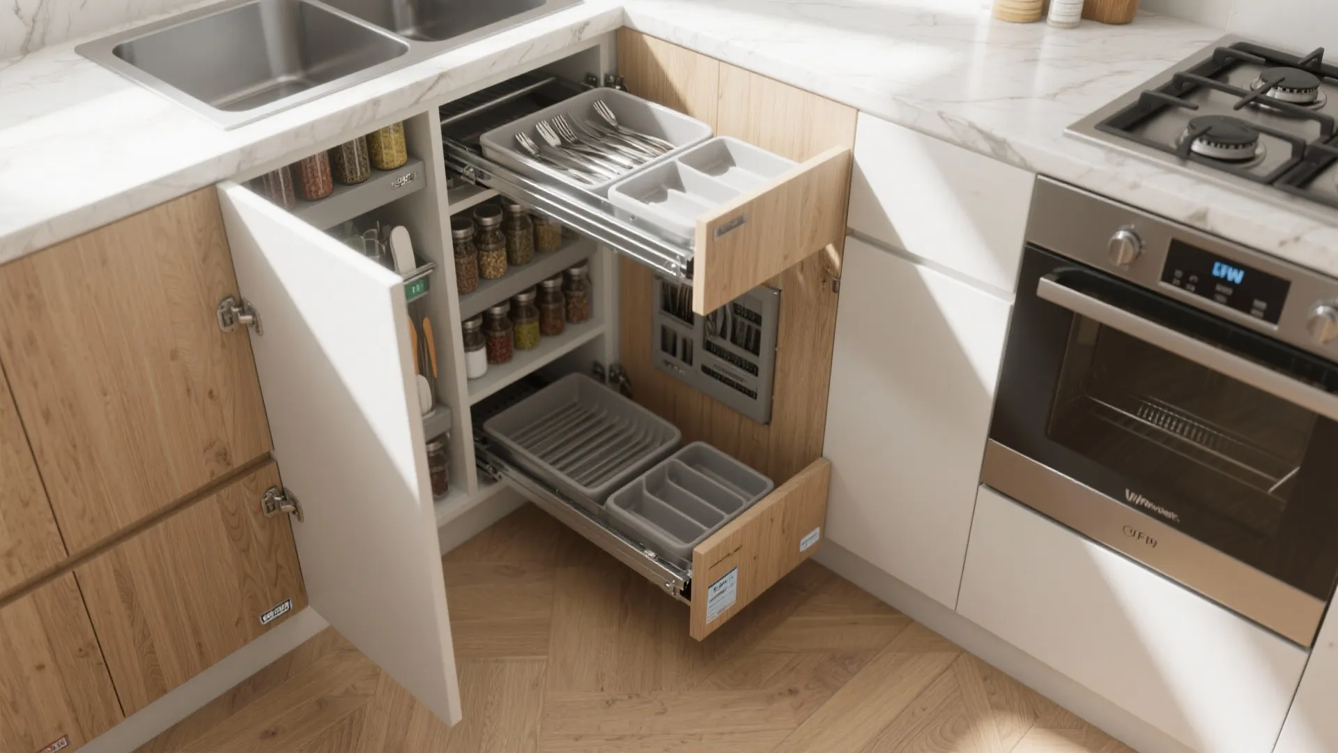 Modern kitchen cabinet with pull out drawers for cutlery and spices next to a stove