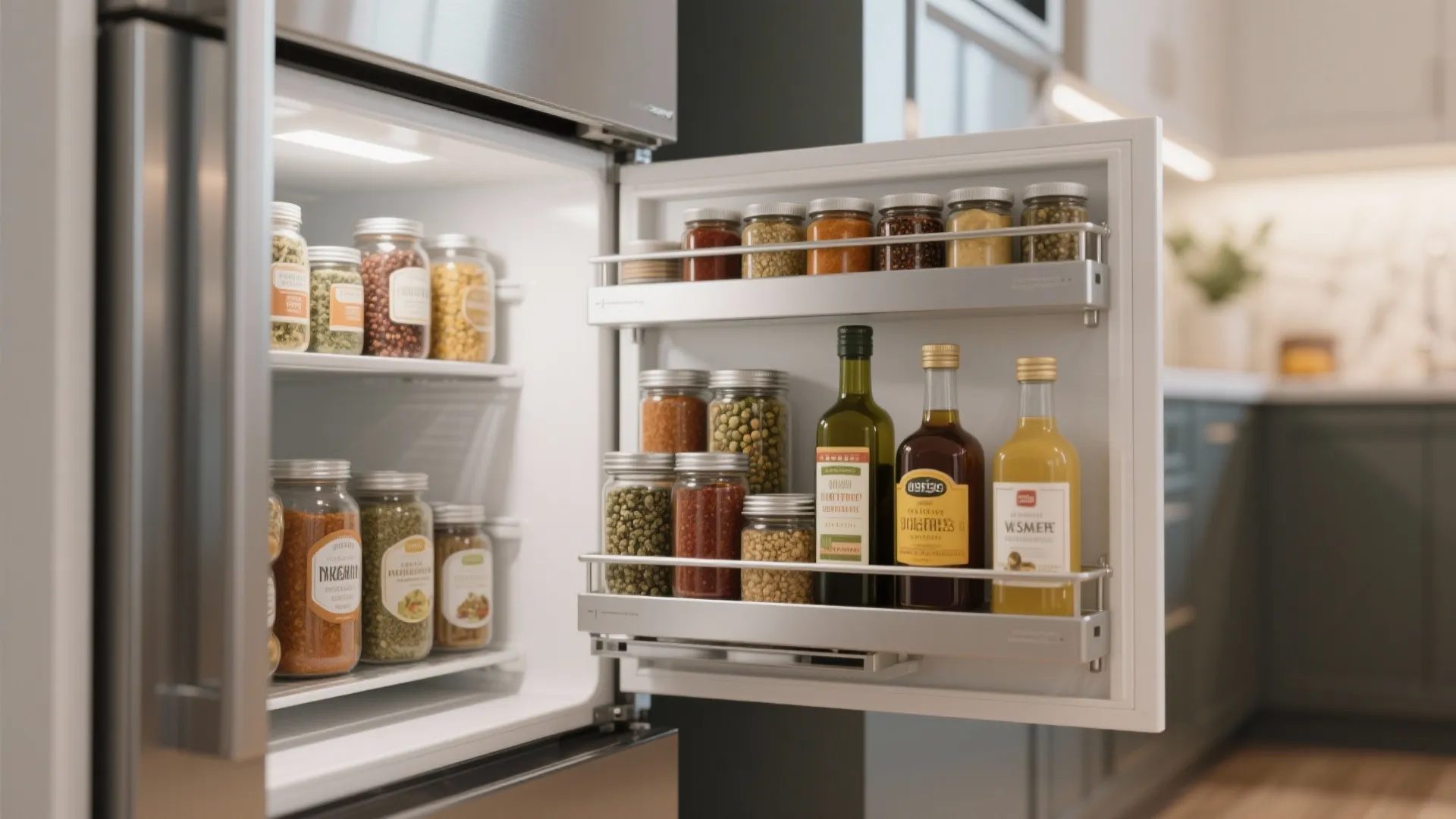 Modern refrigerator interior with many glass spice jars and oil bottles organized on door shelves