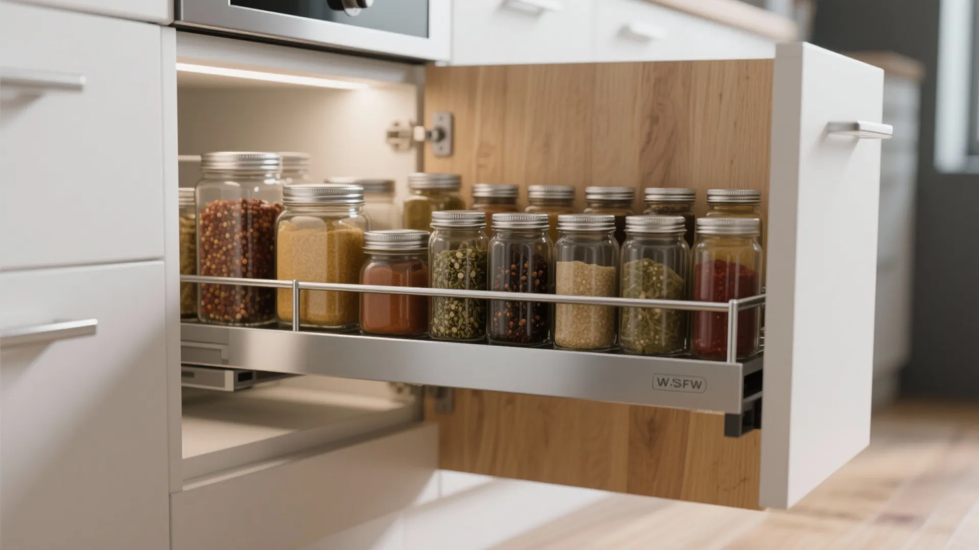 Pull out kitchen drawer storage with spice jars neatly arranged in a metal rack organizer