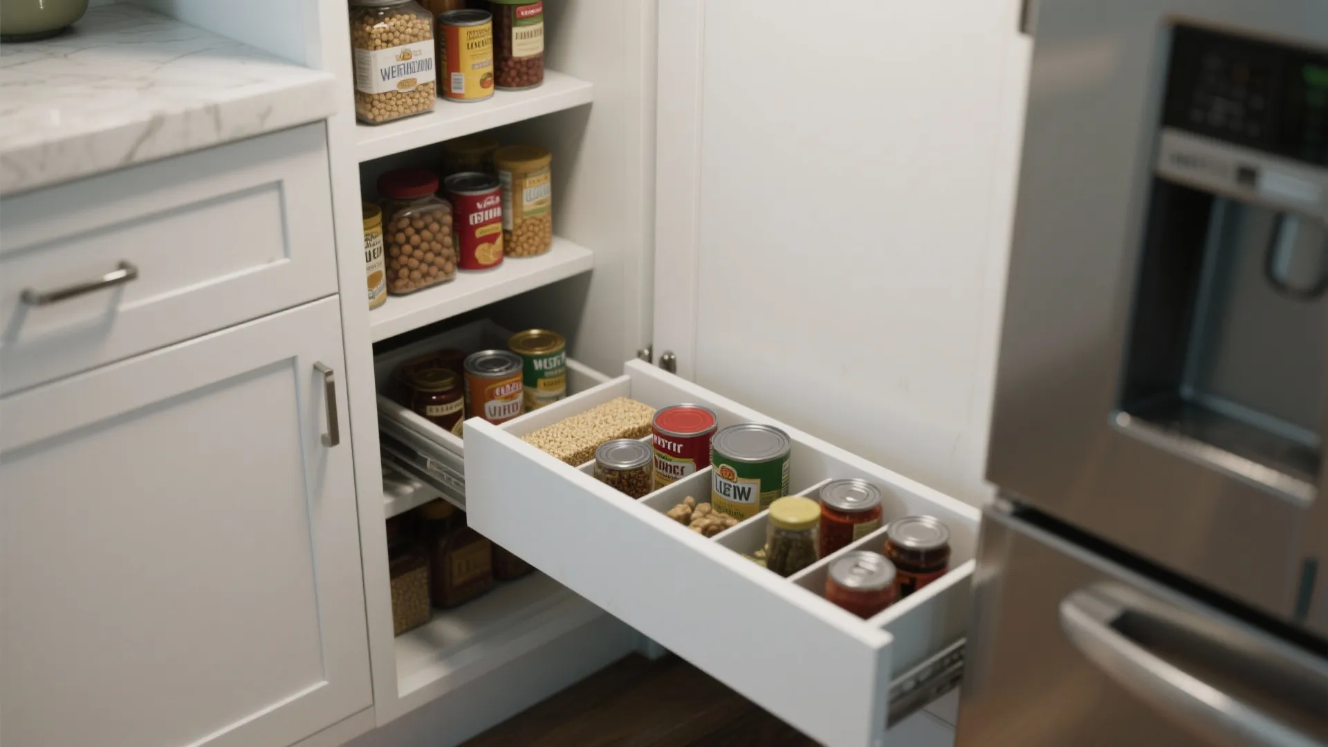 Narrow pull-out pantry with organized canned goods