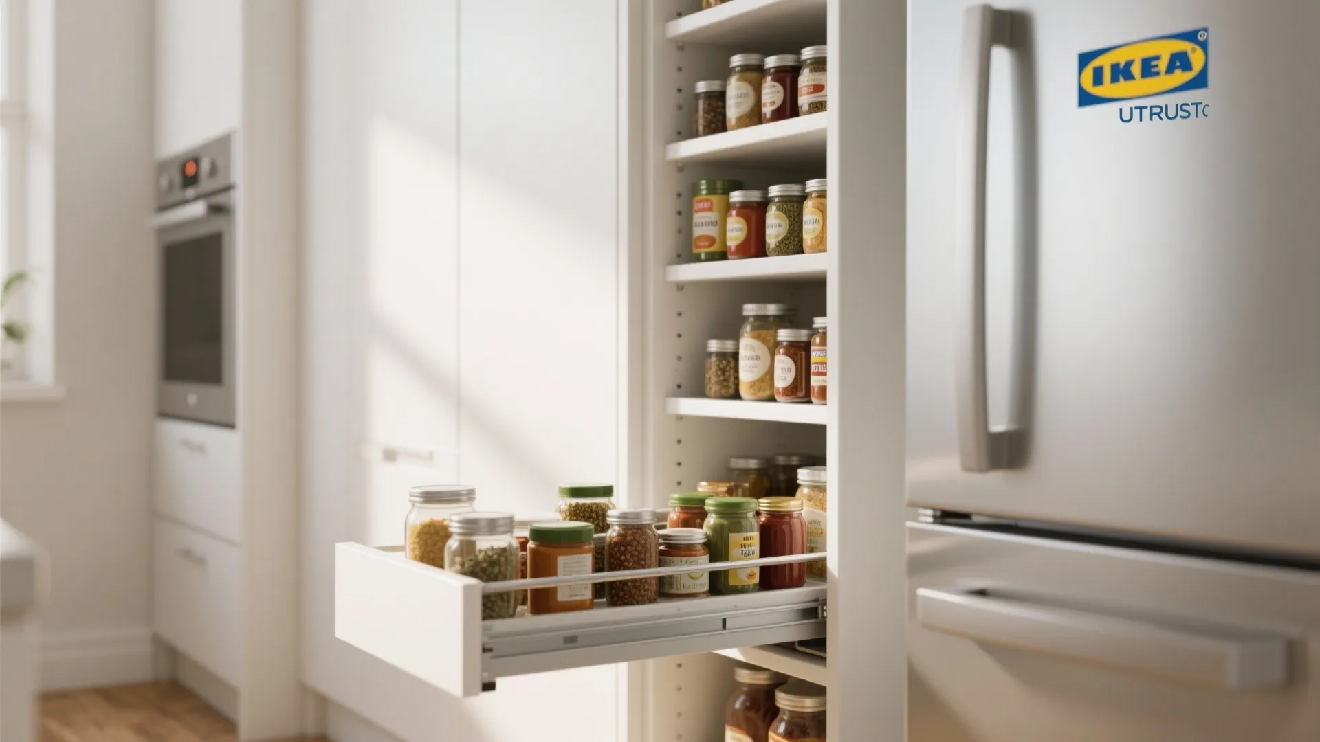 Modern white kitchen cabinet with pull out pantry drawer filled with many glass food jars