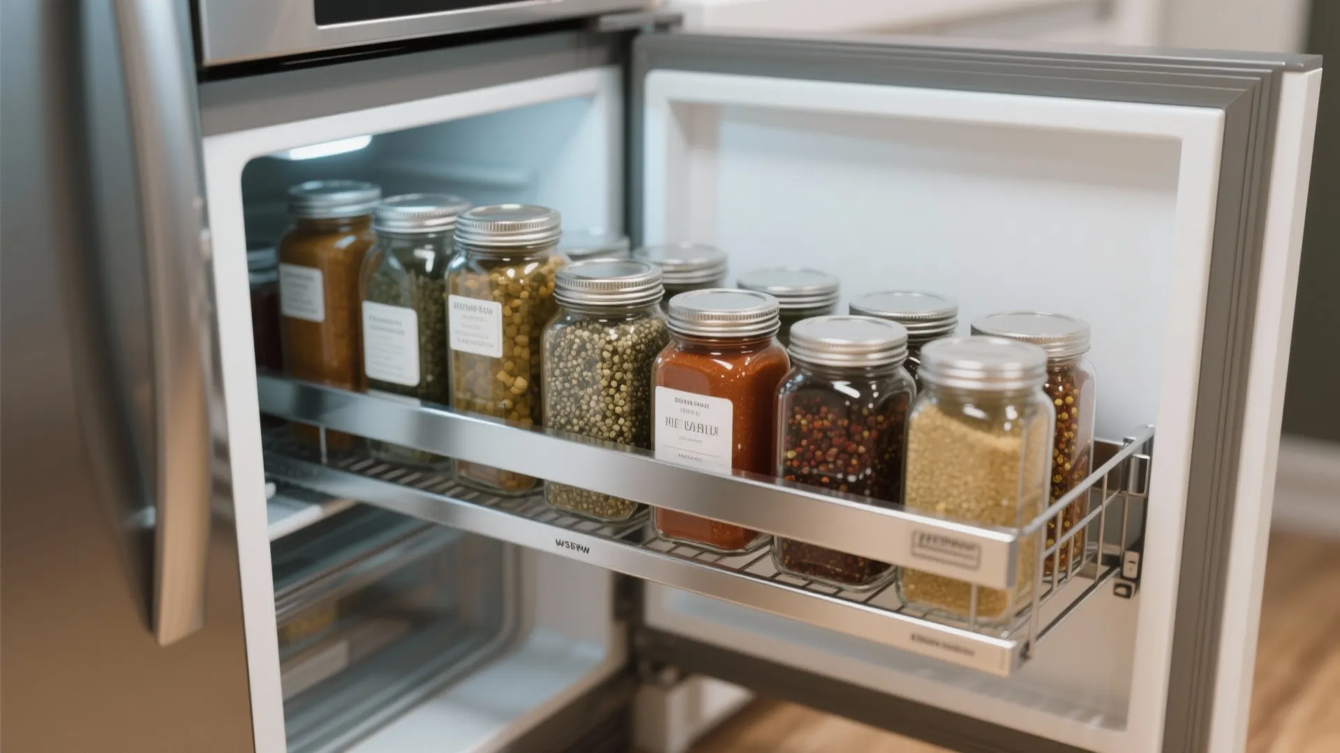 Open refrigerator showing a pull out metal rack filled with glass spice jars and labels