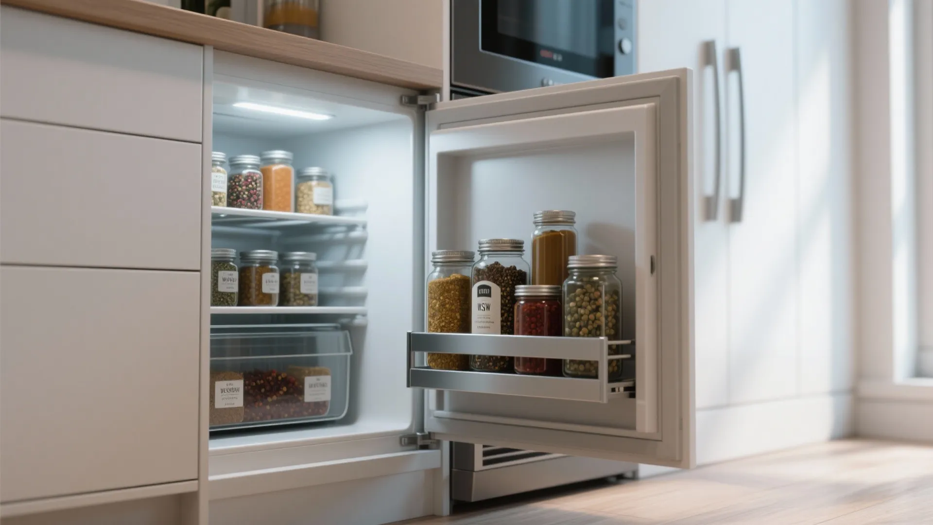 Open small fridge inside white kitchen cabinet filled with glass spice jars on metal shelves