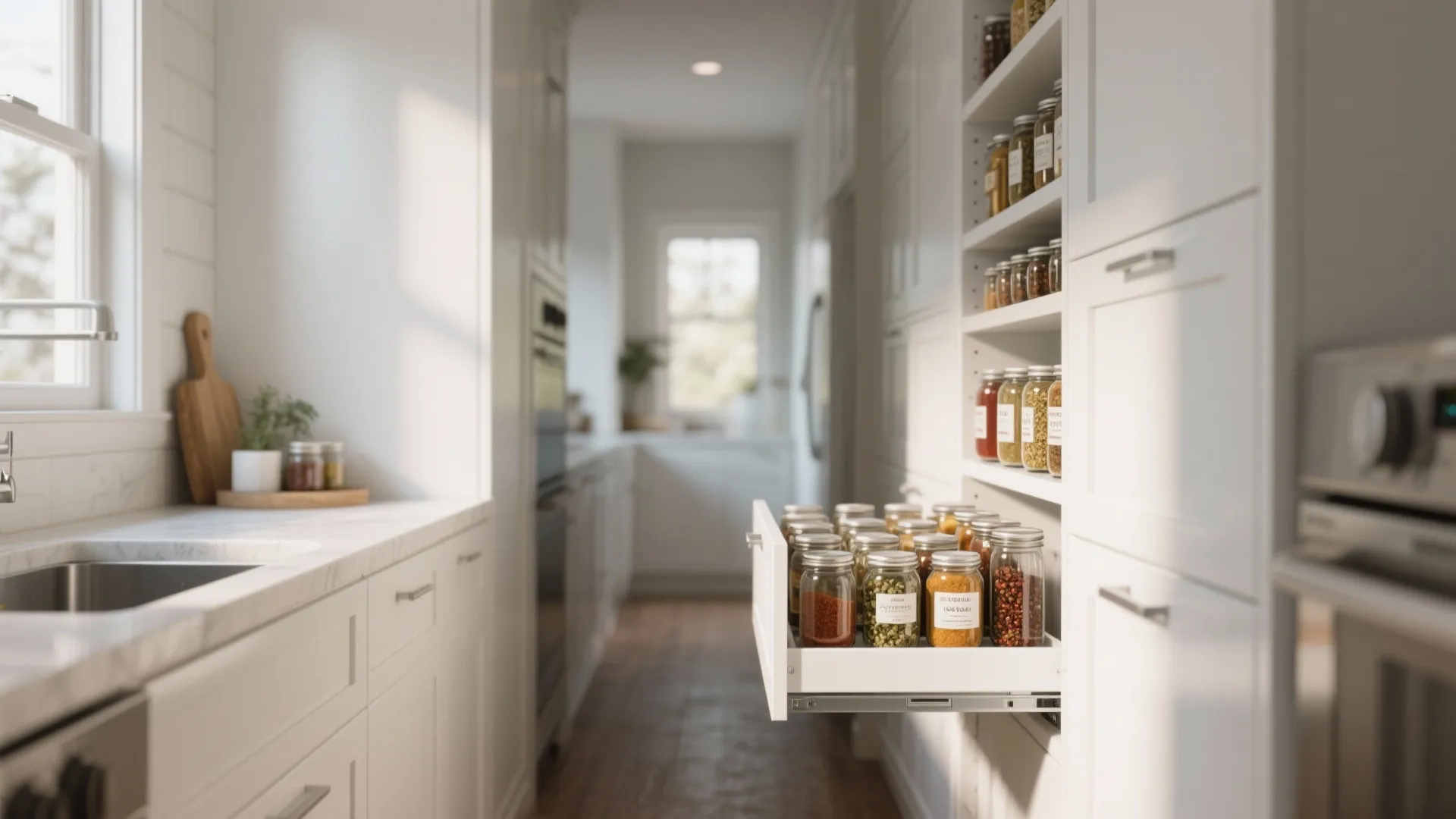 White kitchen cabinets with pull out drawer organizer showing glass spice jars in tidy rows